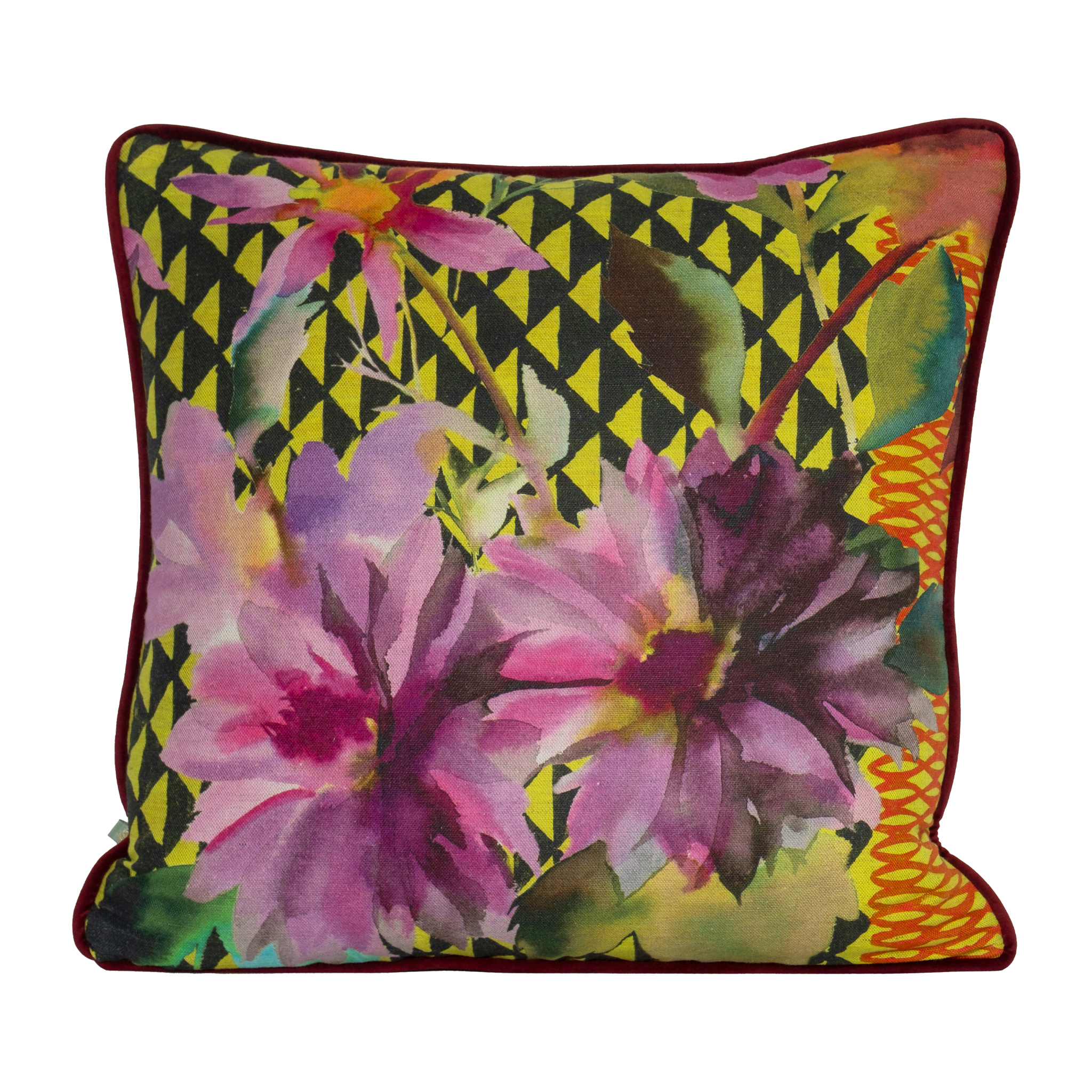 Printed linen cushion in bright colours with  a floral and geometric design