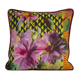 Printed linen cushion in bright colours with  a floral and geometric design
