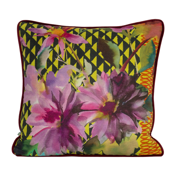 Printed linen cushion in bright colours with  a floral and geometric design