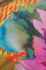 Close up of a colourful printed linen 