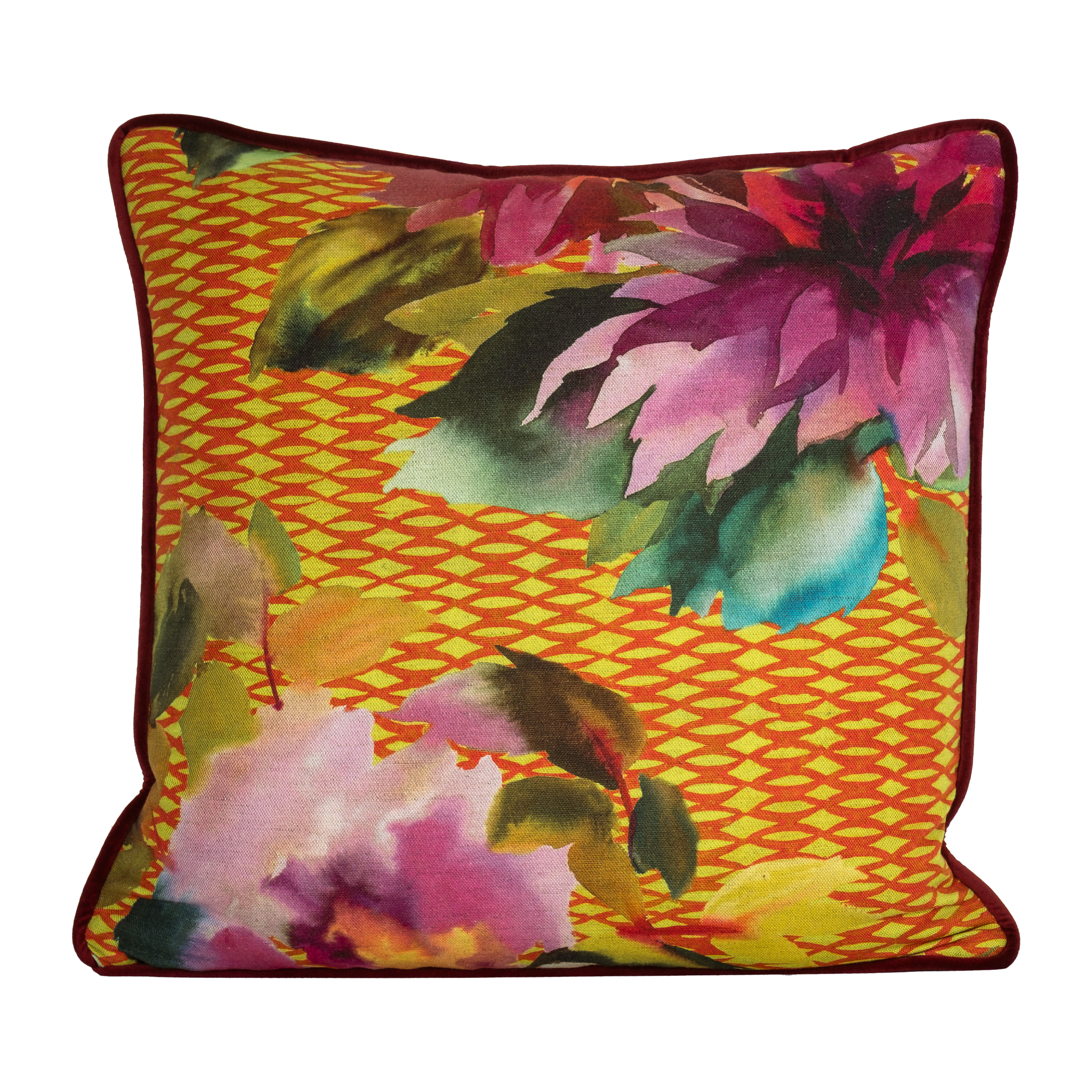 Printed linen cushion in bright colours with  a floral and geometric design