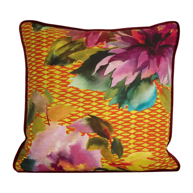 Printed linen cushion in bright colours with  a floral and geometric design