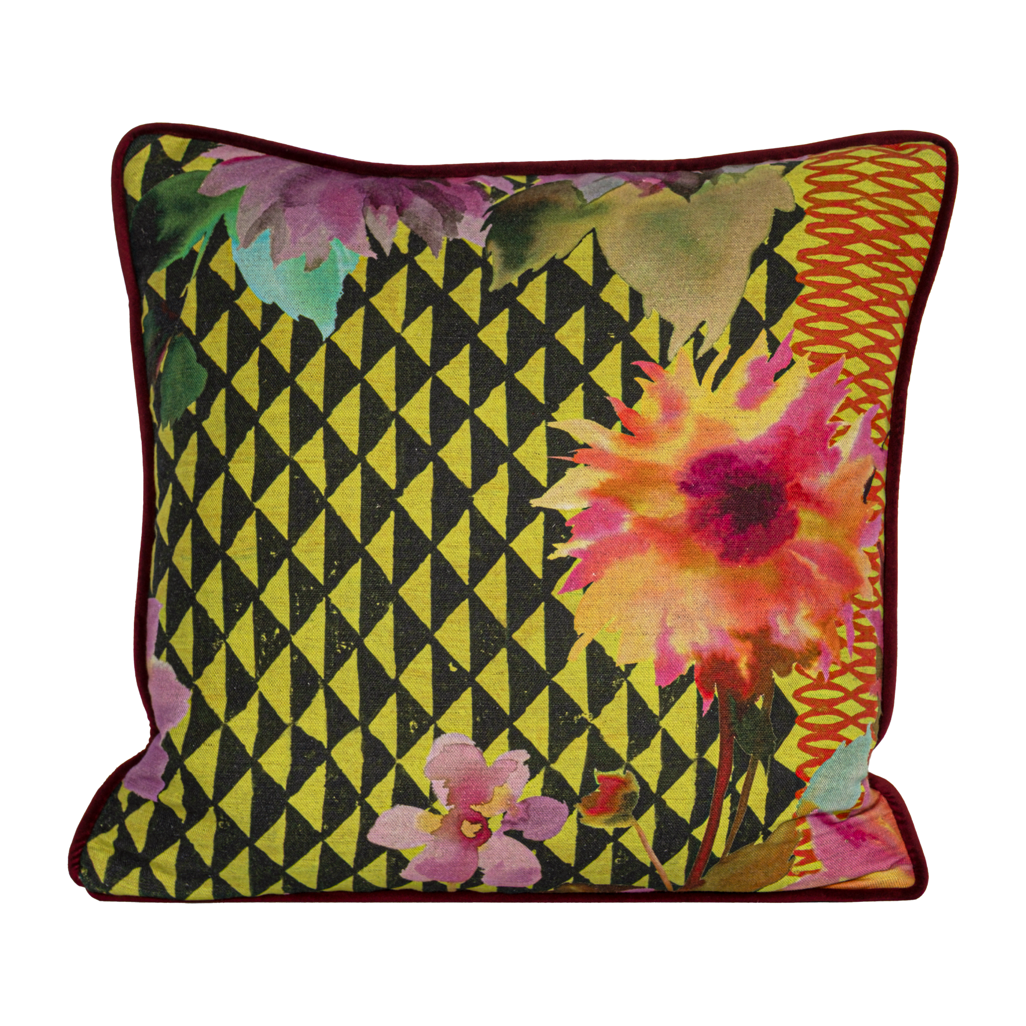 Printed linen cushion in bright colours with  a floral and geometric design