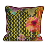 Printed linen cushion in bright colours with  a floral and geometric design
