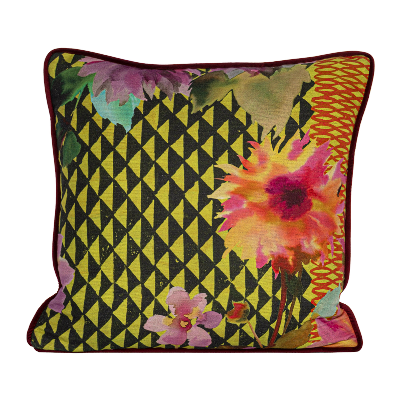 Printed linen cushion in bright colours with  a floral and geometric design