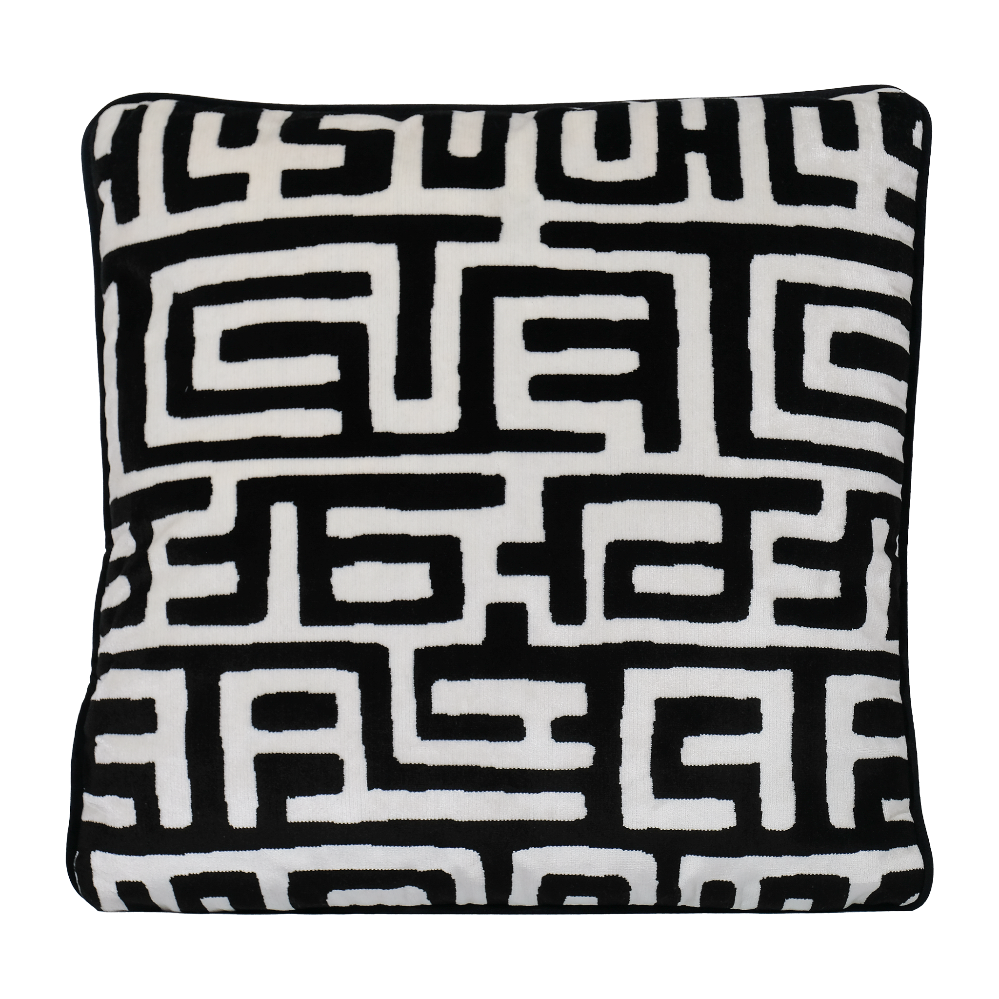 Black and white labyrinth patterned velvet cushion