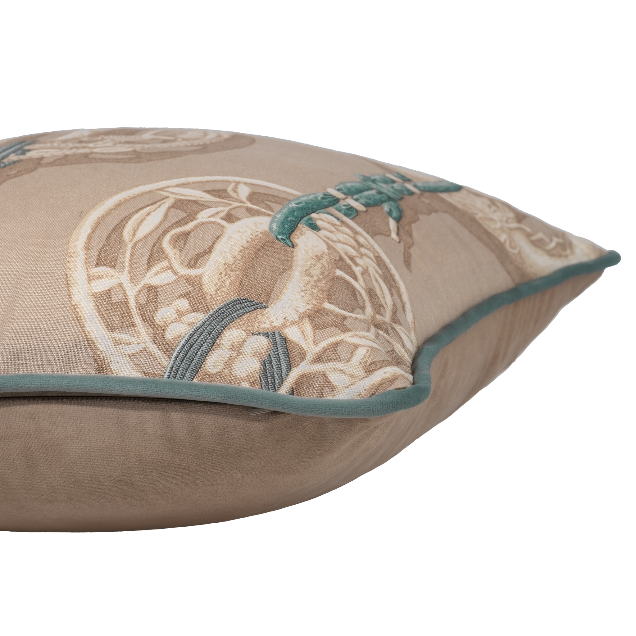 Side shot of a decorative cushion with ornate medallions linked with braided cord and tassels