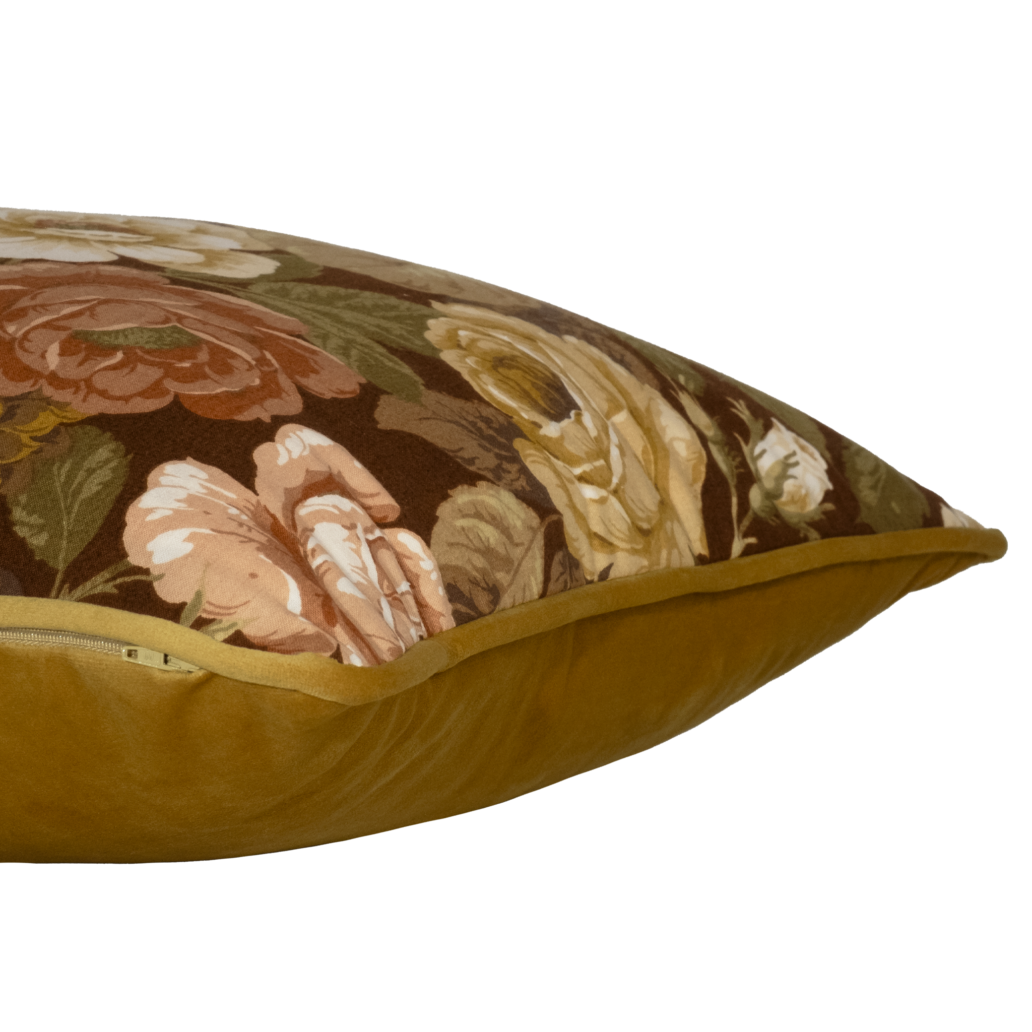 Side shot of a floral cushion made from a vintage floral in autumn colours