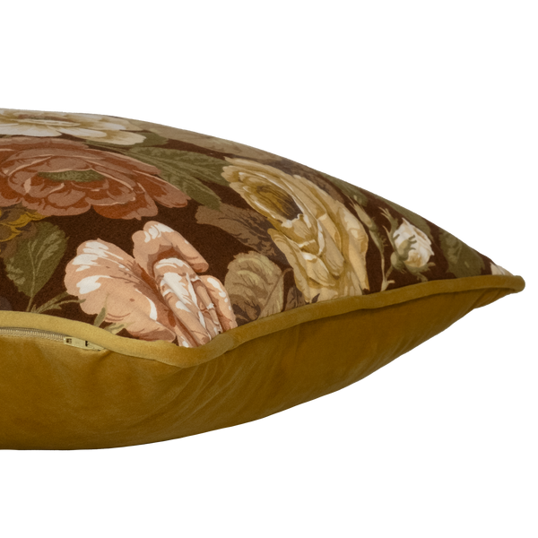 Side shot of a floral cushion made from a vintage floral in autumn colours