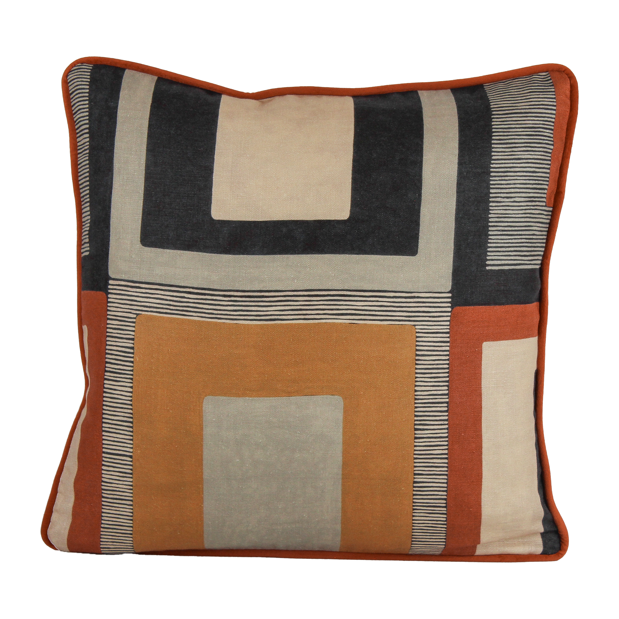 Geometric linen cushion in black, rust, and tan linen