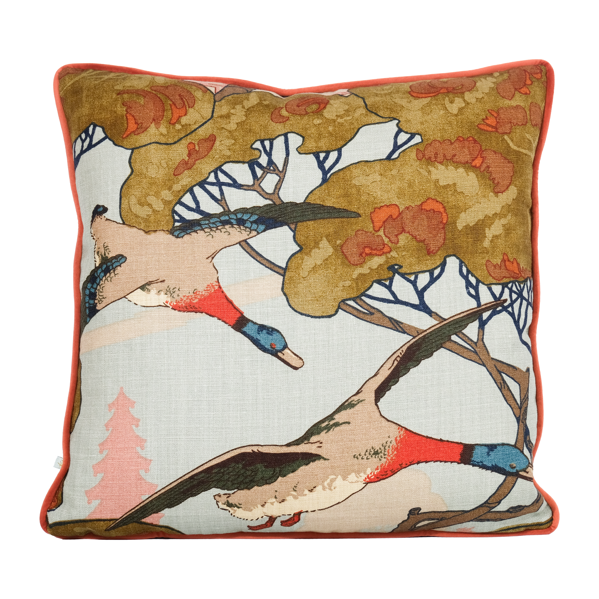 Decorative cushion featuring ducks flying through trees
