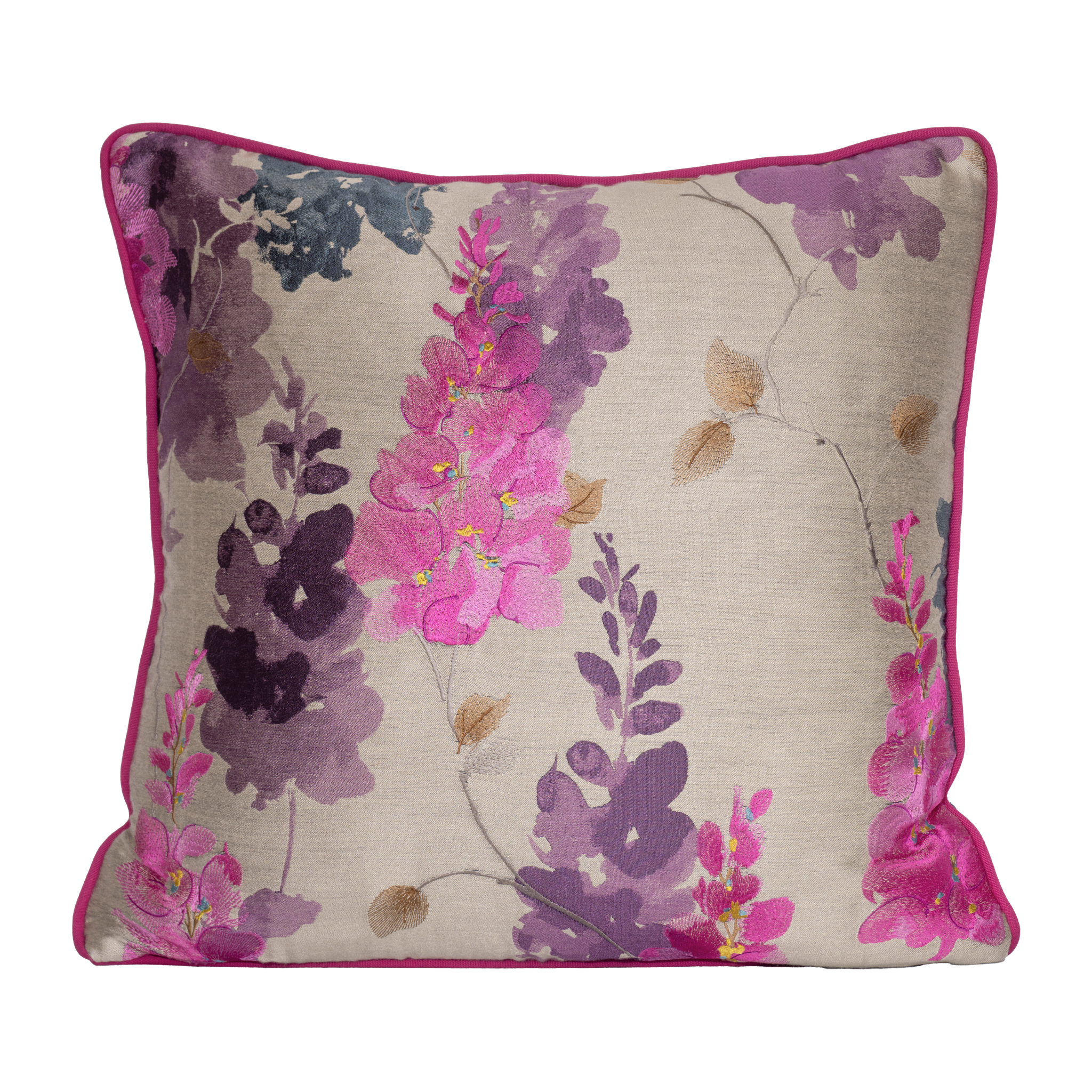 Floral patterned pillow with pink and purple flowers on a beige background