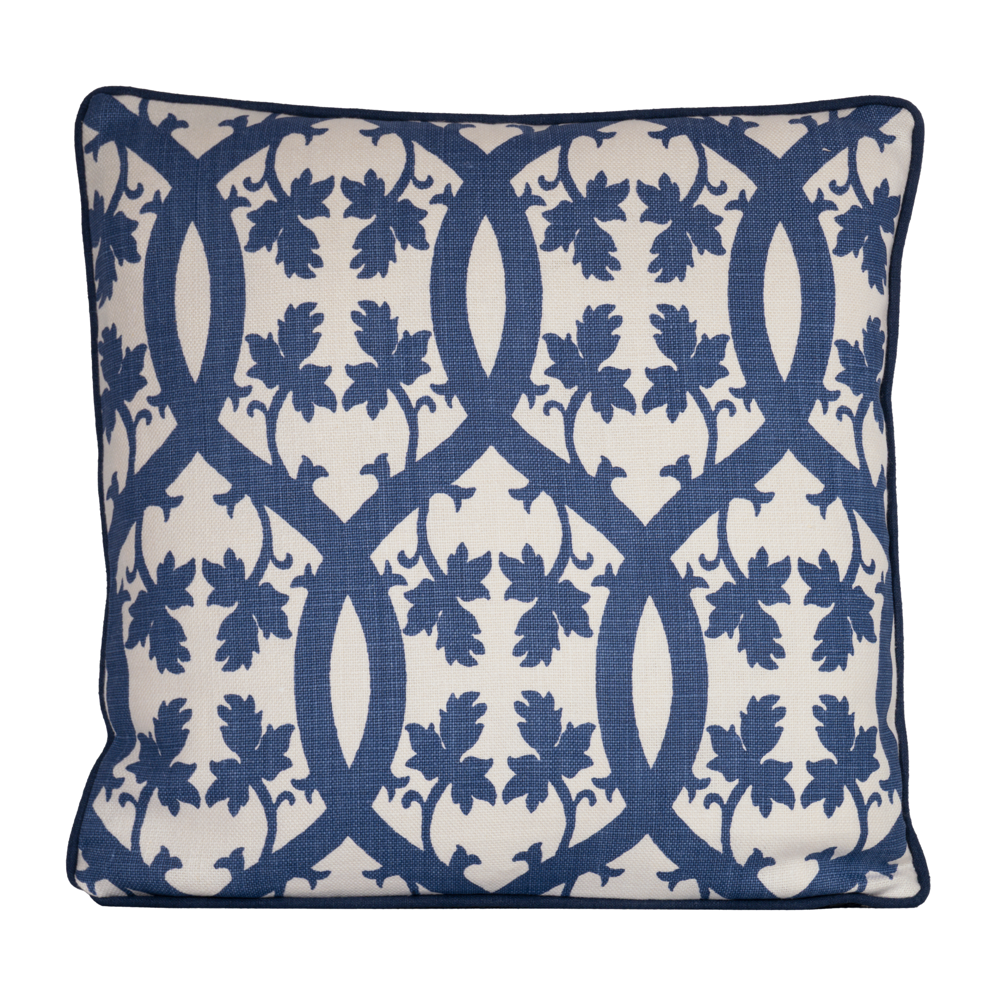 Classic blue and white cushion with a leafy trellis design