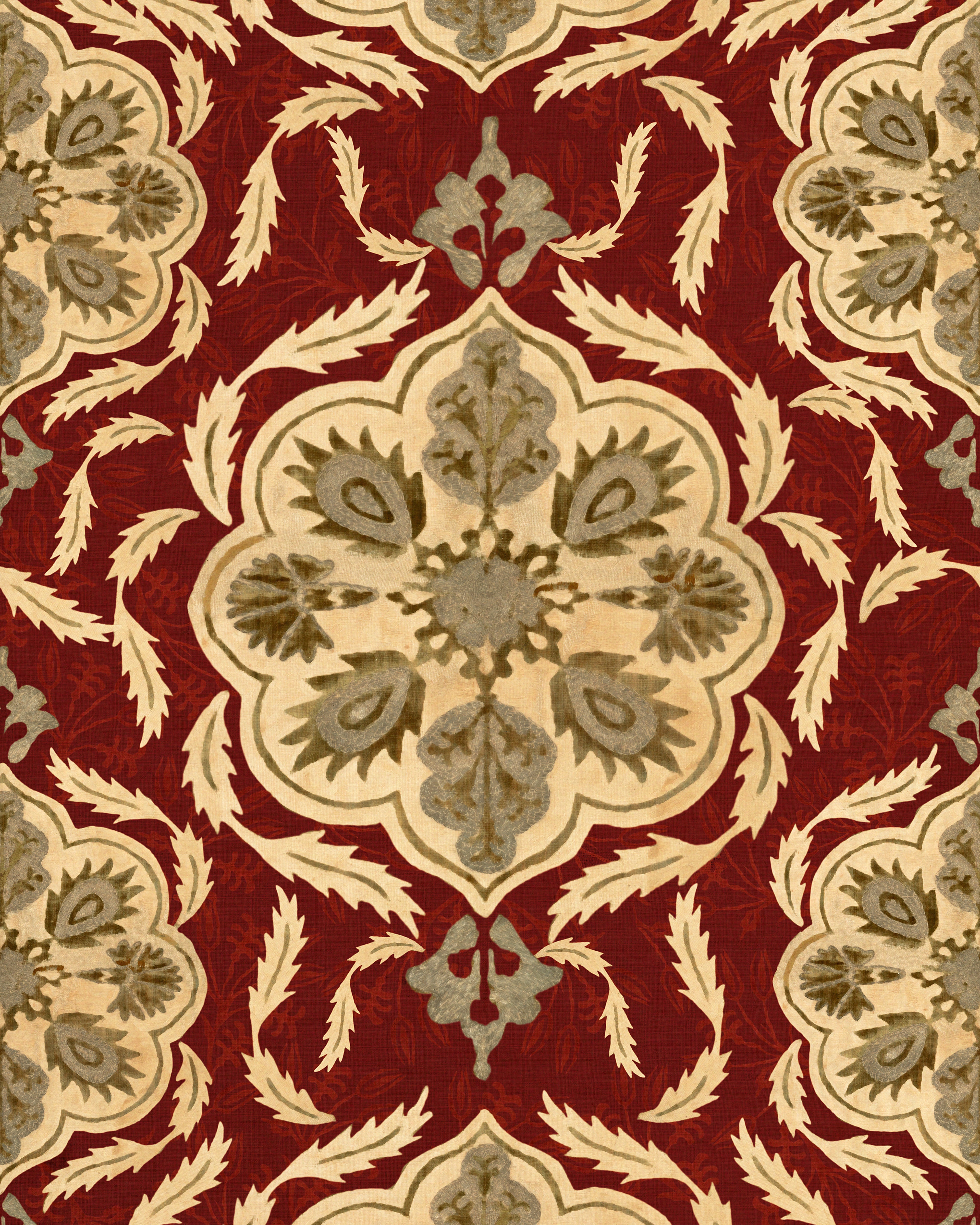 Image of the Ottoman wallpaper from Mind The Gap. The design showcases a rich burgundy background adorned with intricate, geometric Ottoman-inspired patterns in gold. Lattice-like shapes, and floral accents