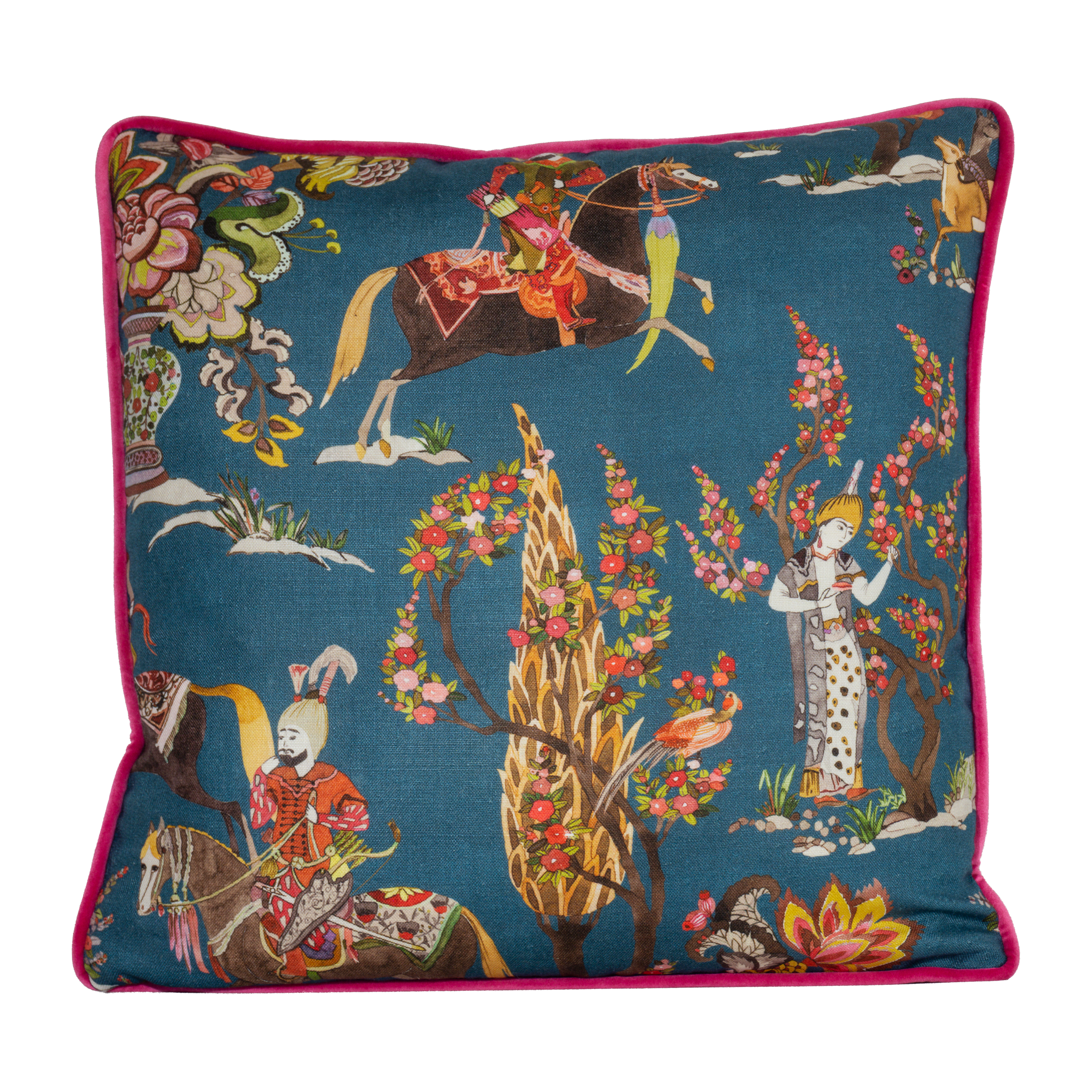 Decorative cushion with intricate patterns and characters on a blue background