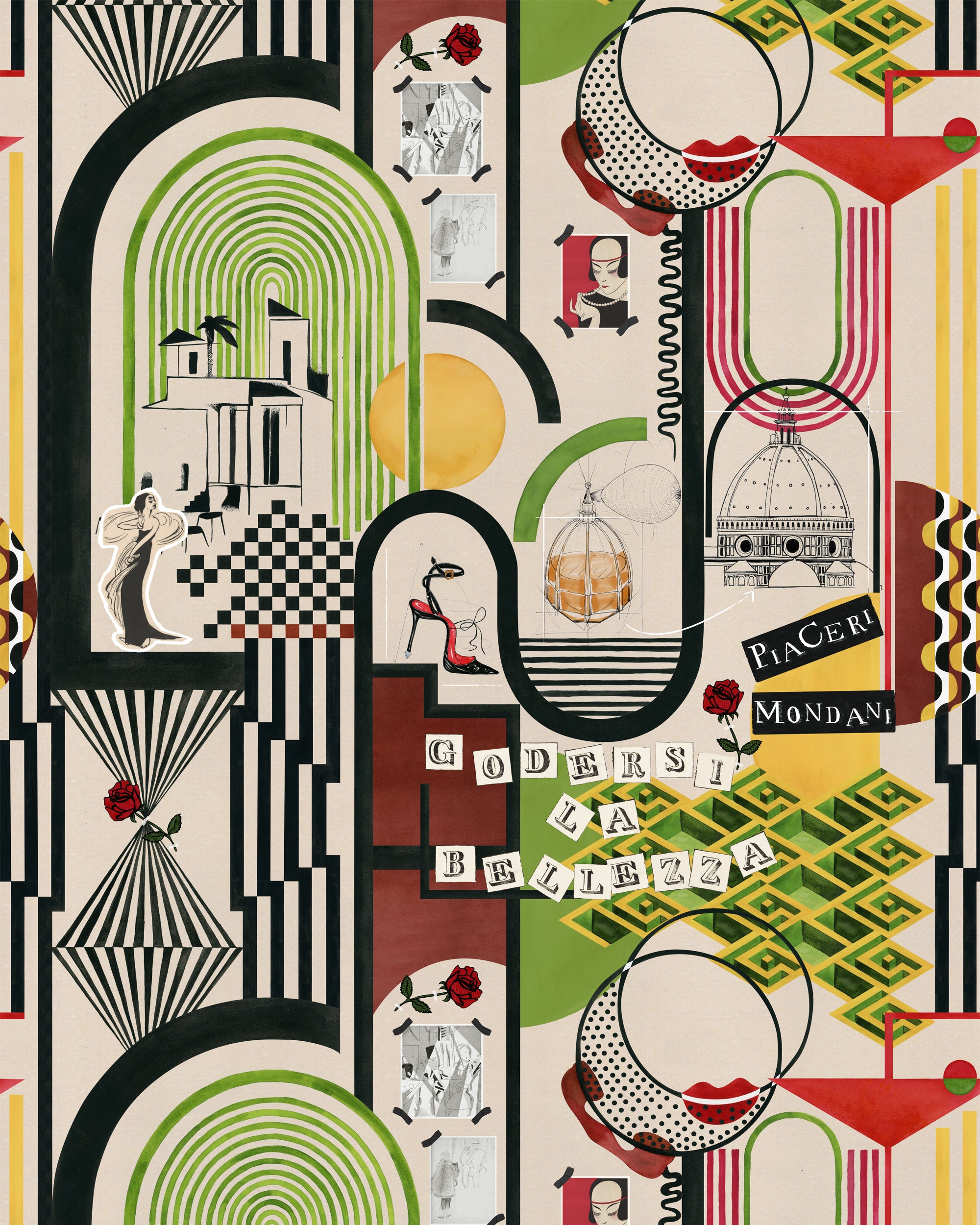 photo of Piaceri Mondani Wallpaper that has a vibrant collage of abstract arches, geometric patterns, and Italian architectural sketches in black, green, red, and yellow. It includes stylized roses, vintage-style fashion illustrations, and bold text like “Godersi La Bellezza,” evoking a retro-modern Italian aesthetic. 