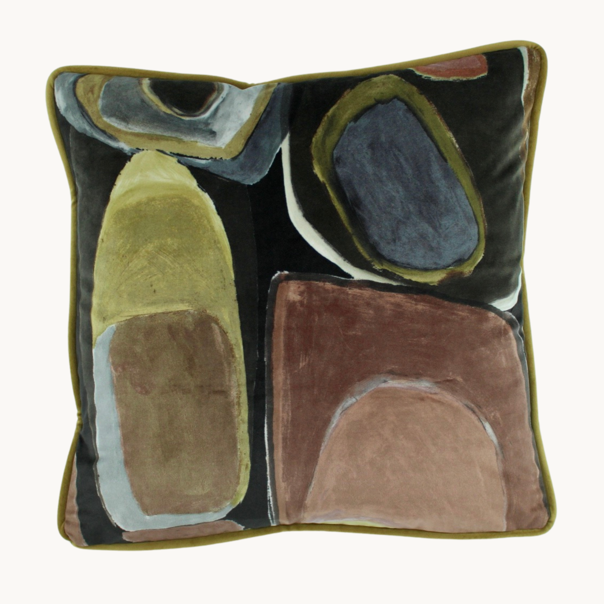 Side shot of a velvet cushion with abstract geometric shapes