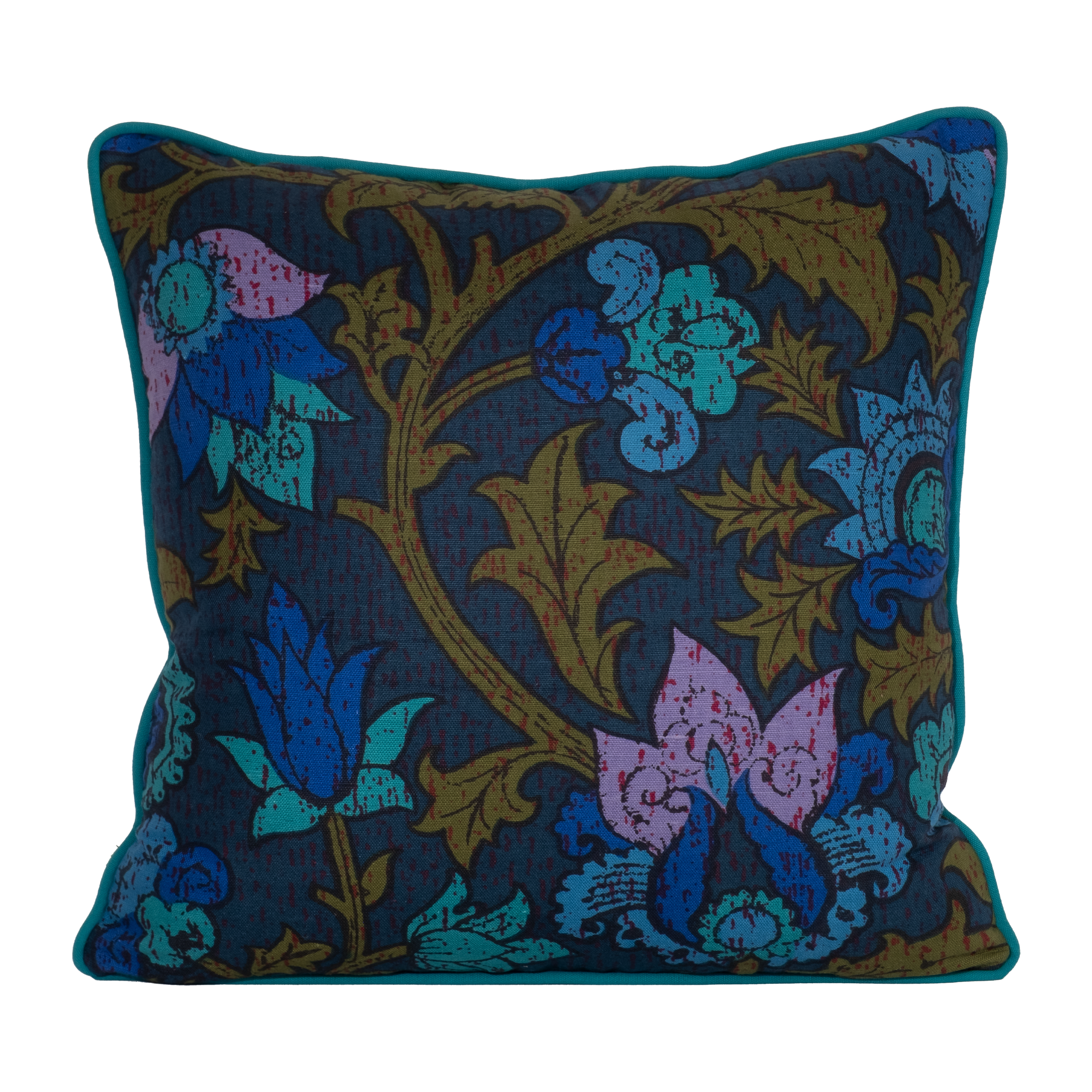 Photo of a cushion made from a 1970s printed damask in bright blue and purple