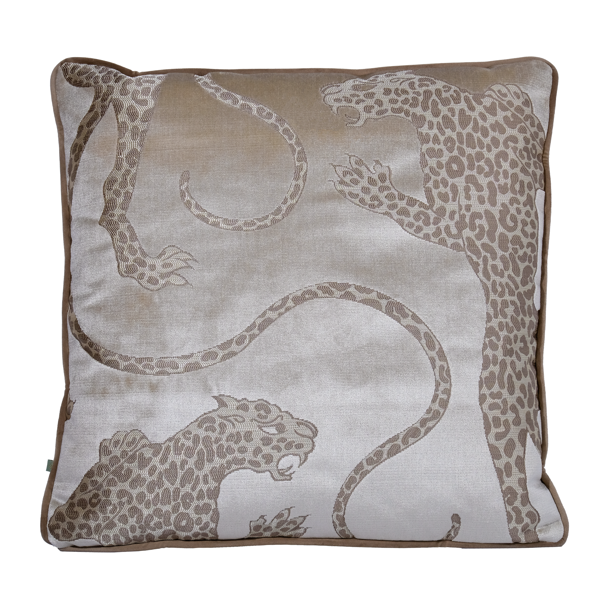 Decorative cushion in ivory coloured velvet with a panther icon