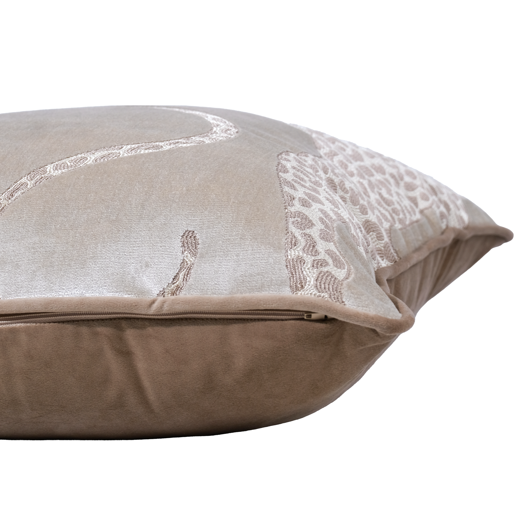 Sides shot of a velvet cushion in ivory and latte colours