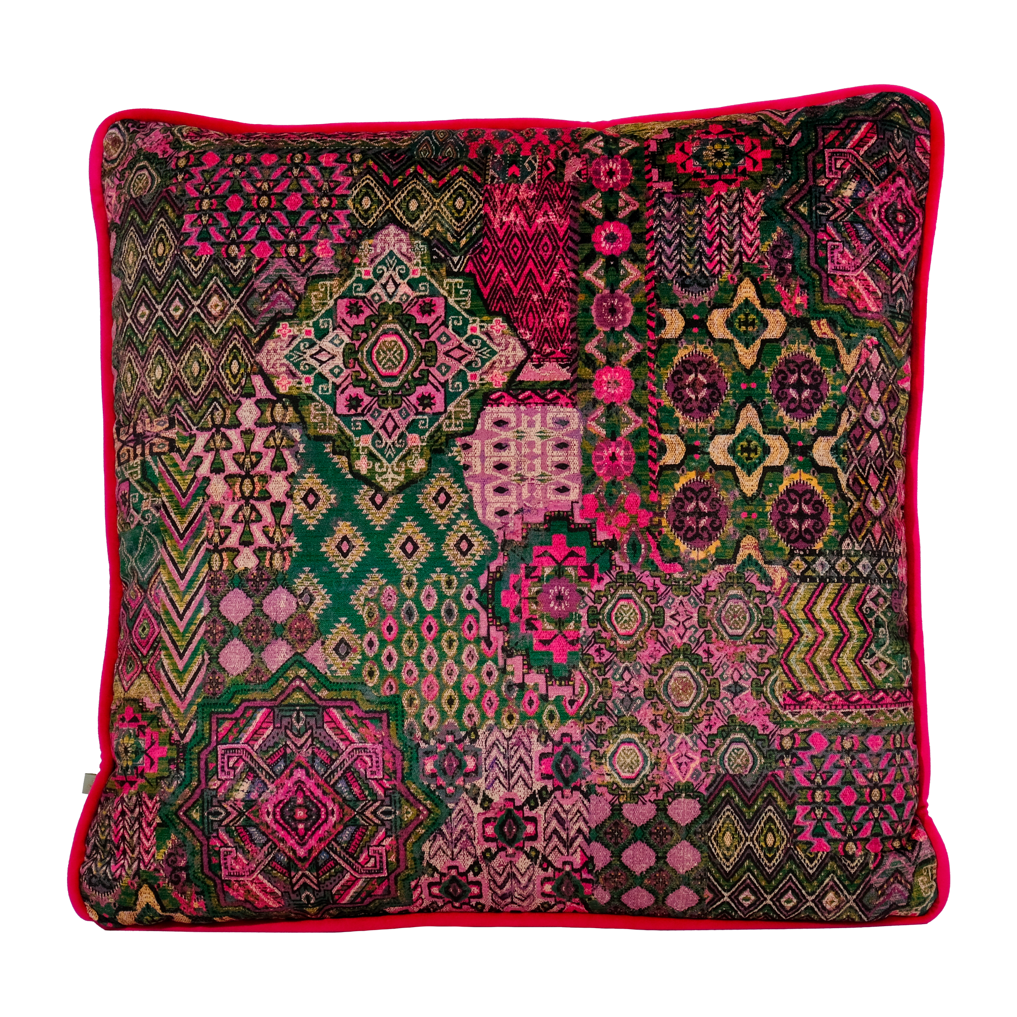 Decorative cushion with a colorful Persian geometric pattern in hot pink, purple and emerald.