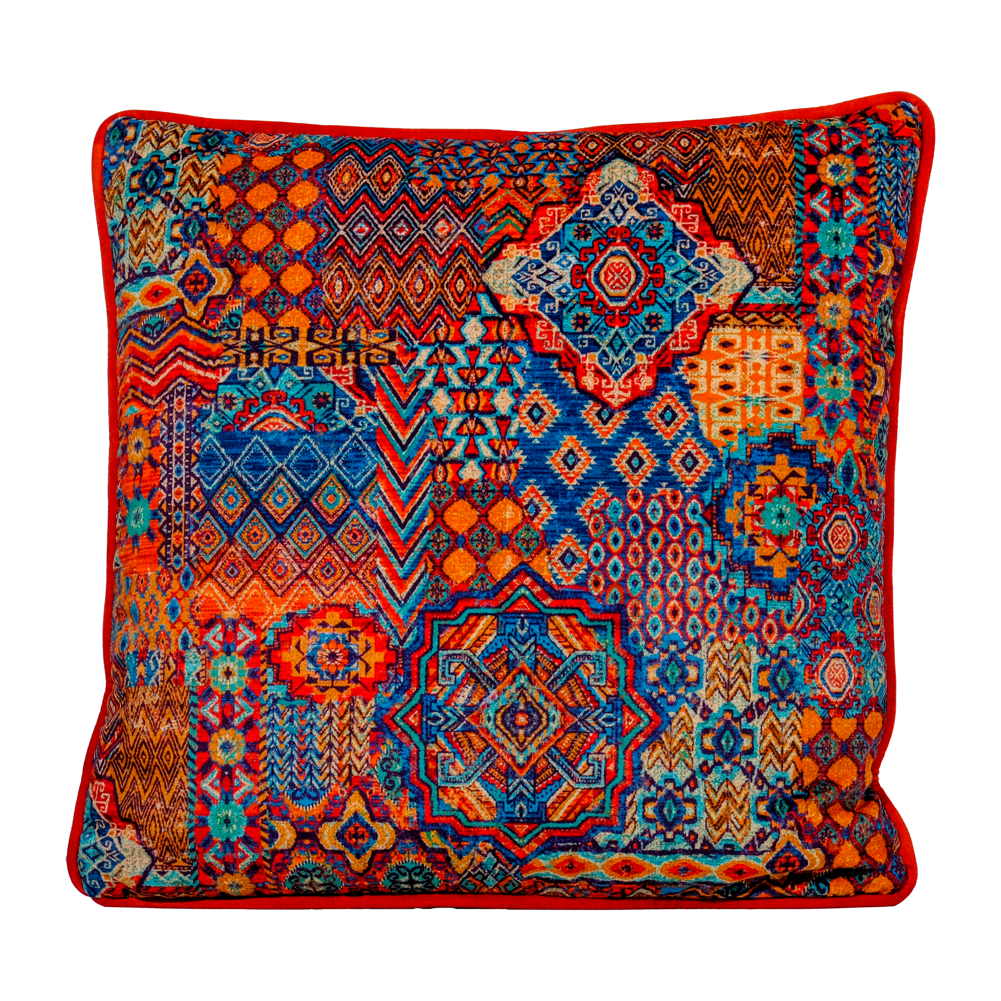 Decorative cushion with a colorful Persian geometric pattern in orange, cobalt and turquoise