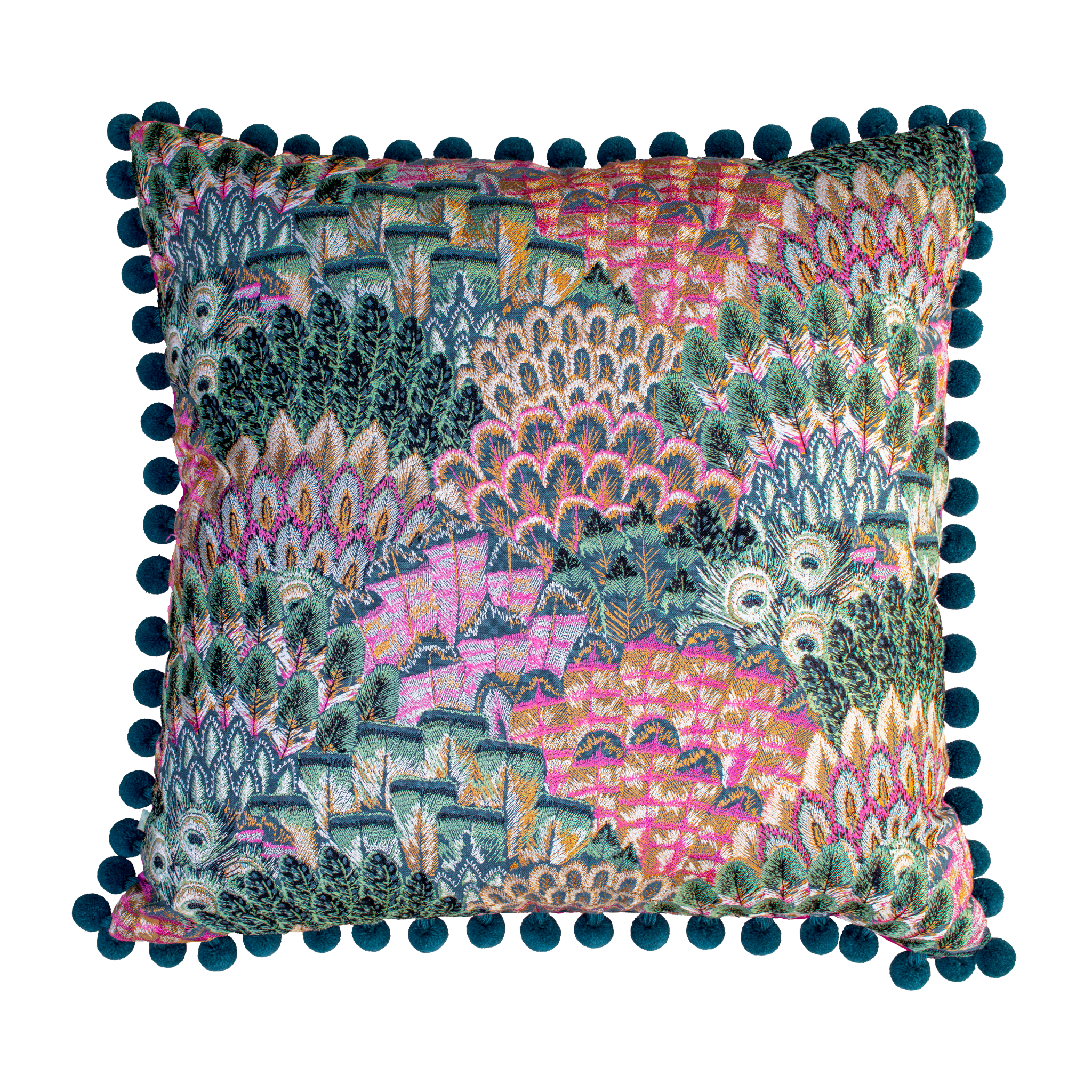 Decorative pillow with an embroidered feather pattern and teal pom-pom trim 