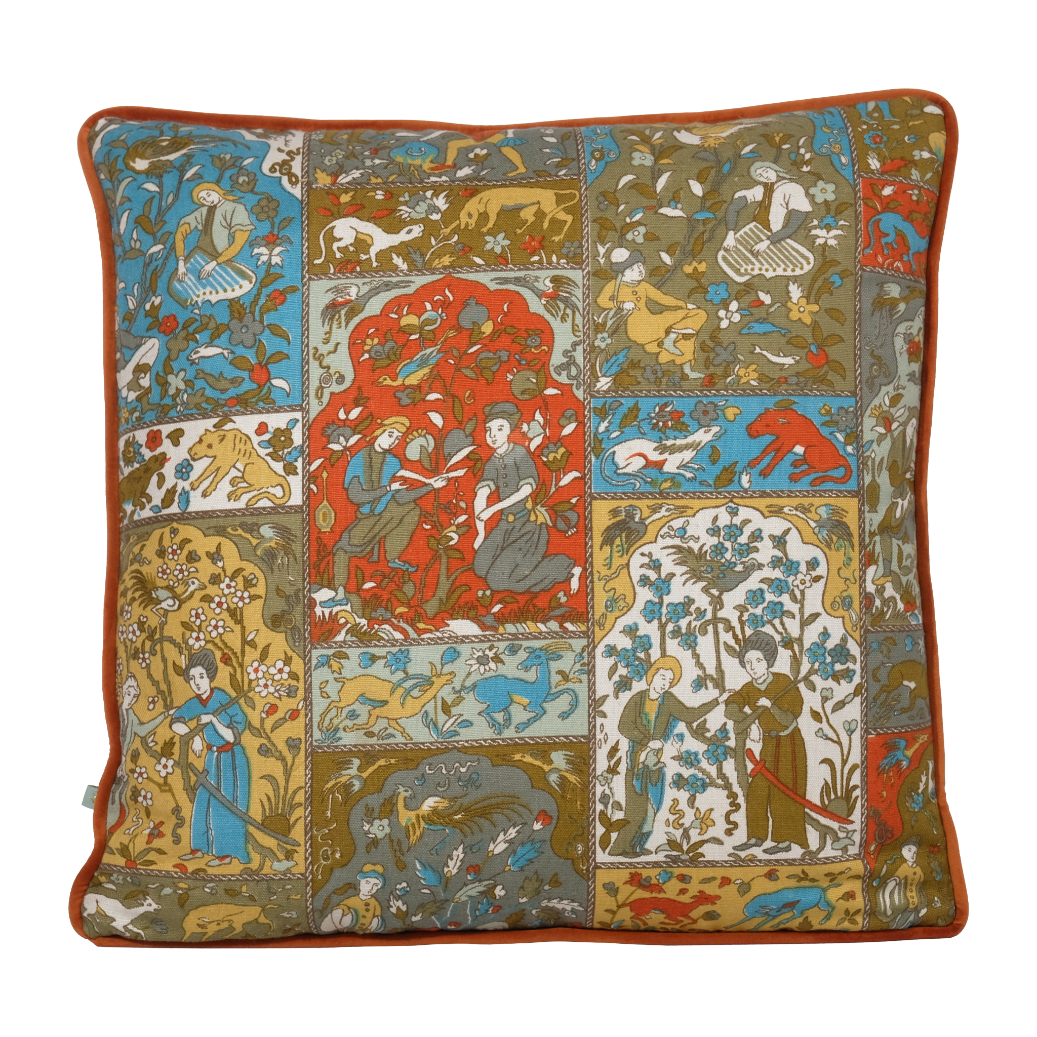 Decorative pillow with intricate Persian pictorial patterns and characters in aqua and orange, gold and taupe