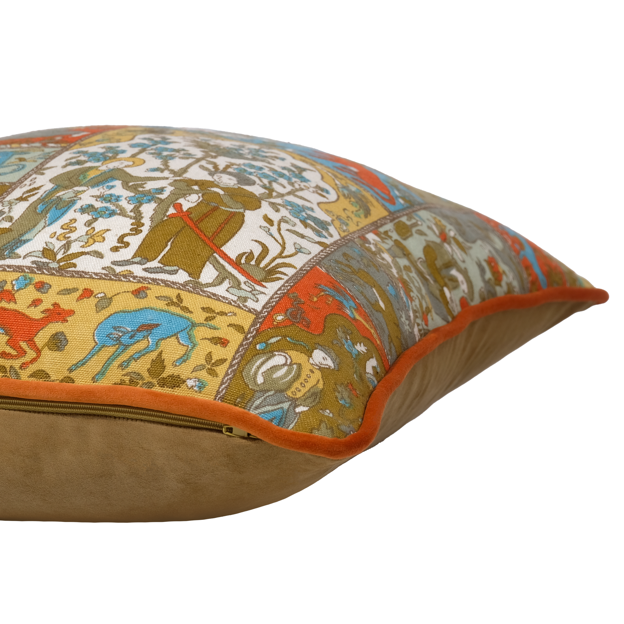Side shot of a decorative pillow with intricate Persian pictorial patterns and characters in aqua and orange, gold and taupe