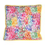Colorful abstract patterned cushion with a yellow border on a white background