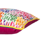 Colorful floral-patterned cushion with a yellow border on a white background