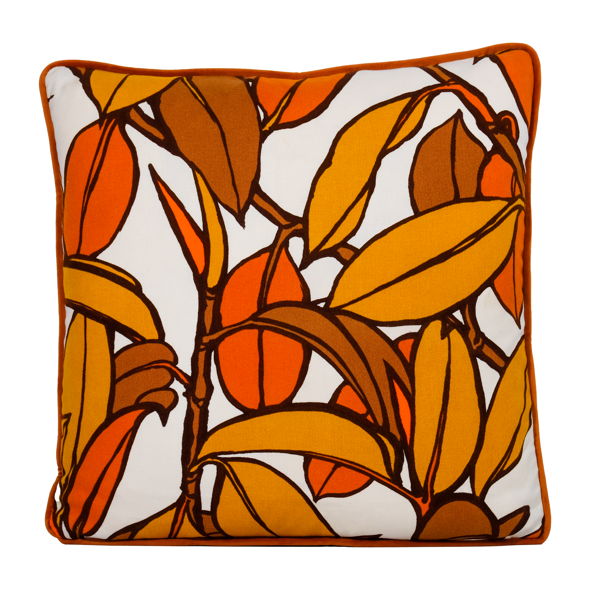 Decorative pillow with orange and brown leaf pattern on a white background