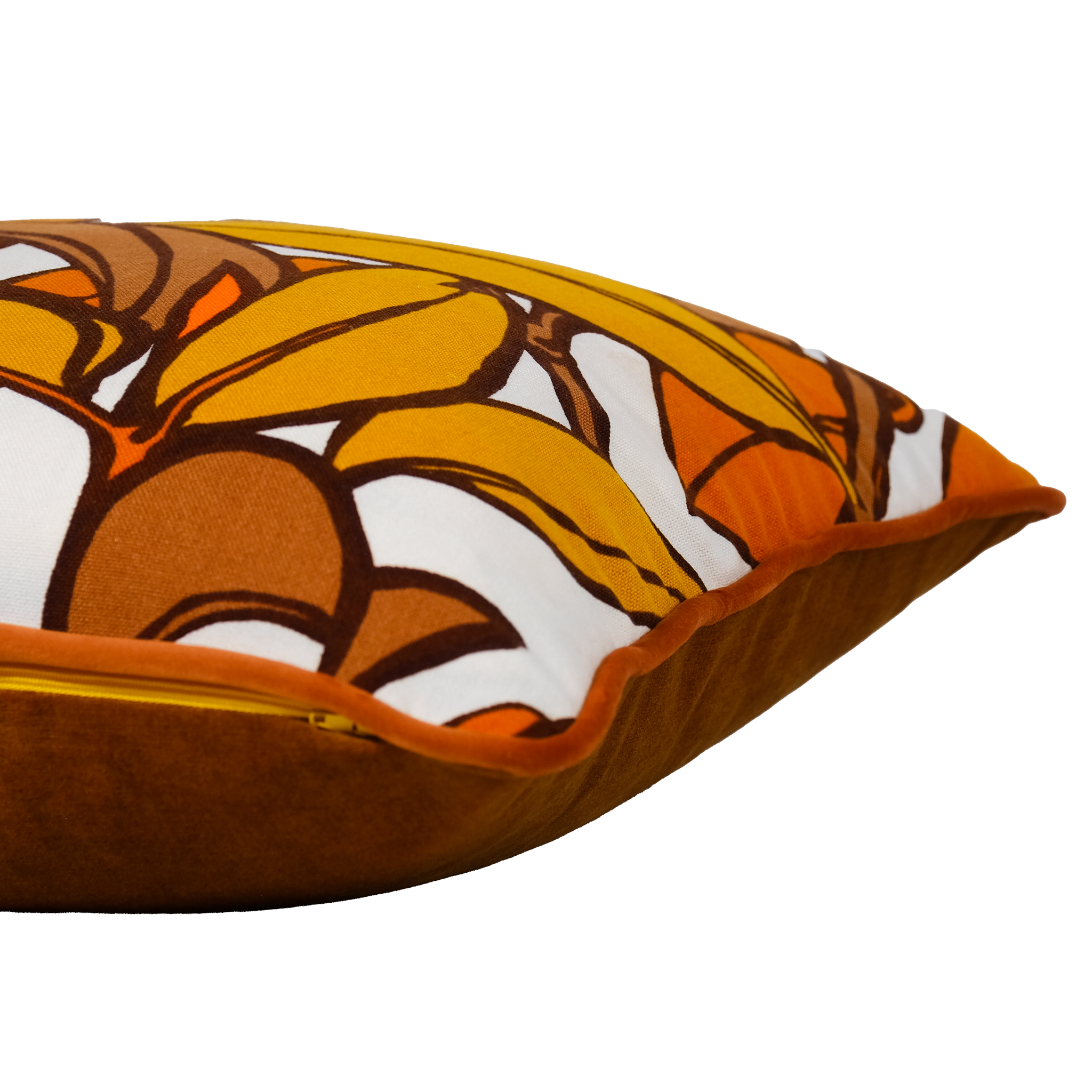 Decorative pillow with orange and brown leaf pattern on a white background