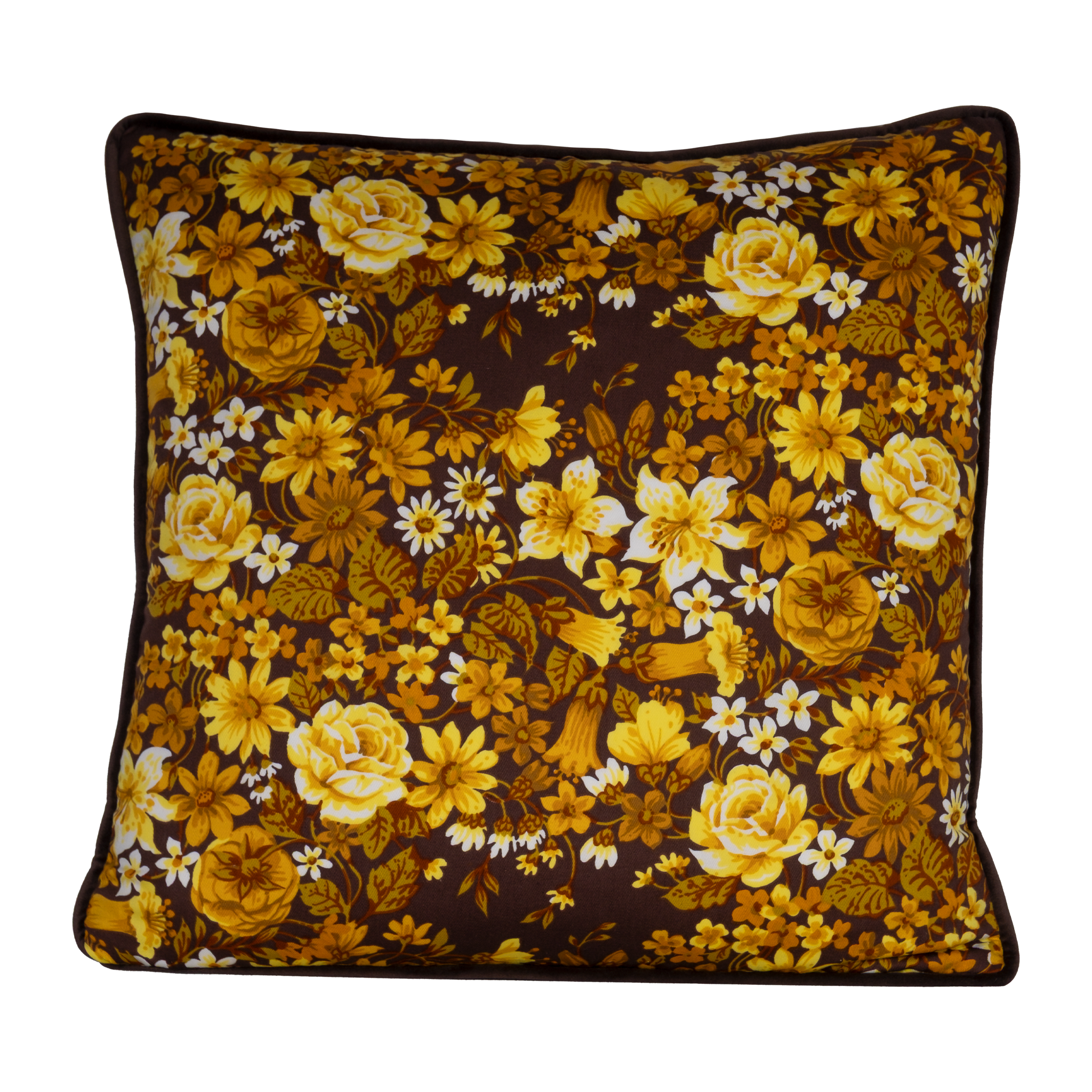 Photo of a 1970s inspired medium scale floral in bright yellow and ochre with a chocolate brown background