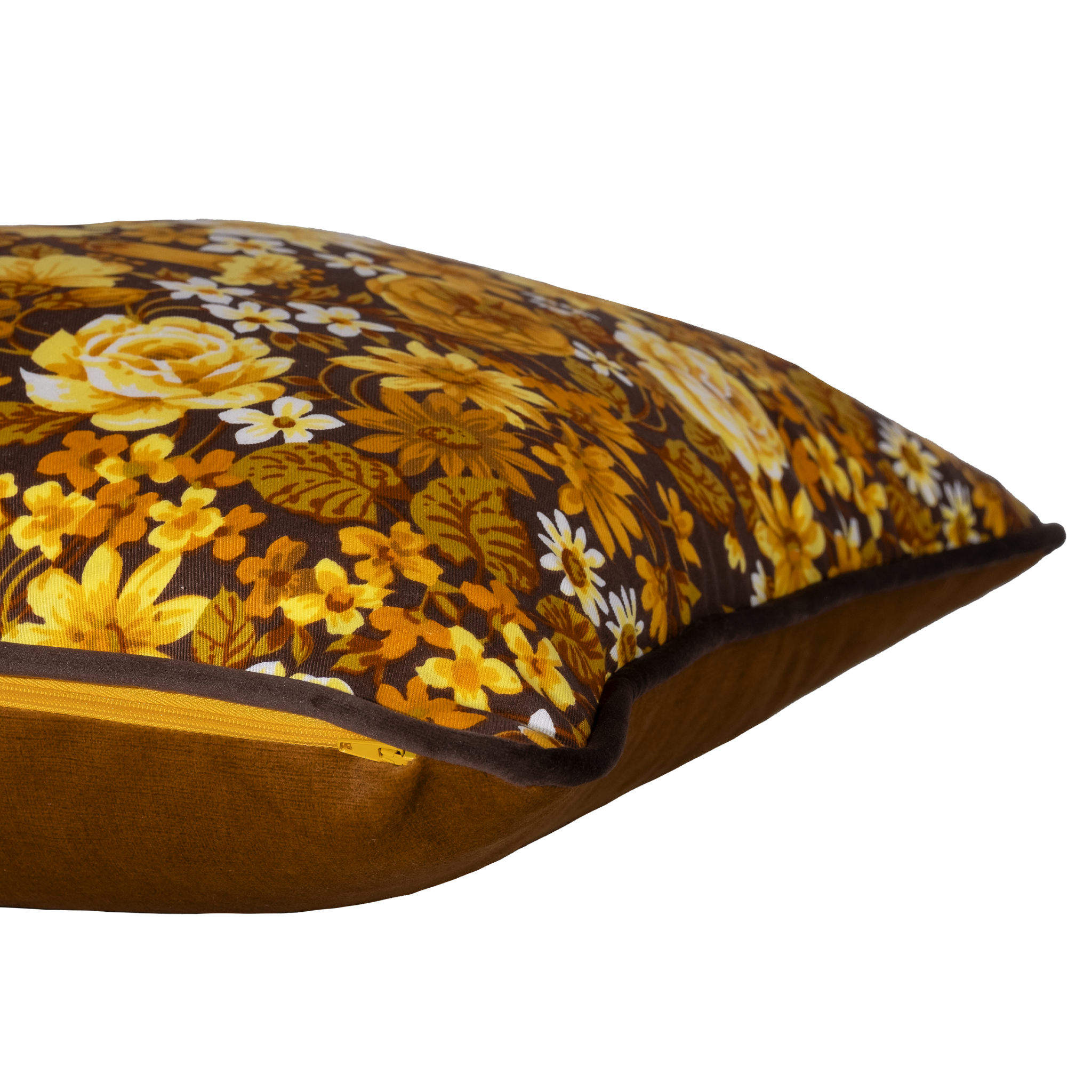 Side view of a 1970s inspired medium scale floral in bright yellow and ochre with a chocolate brown background