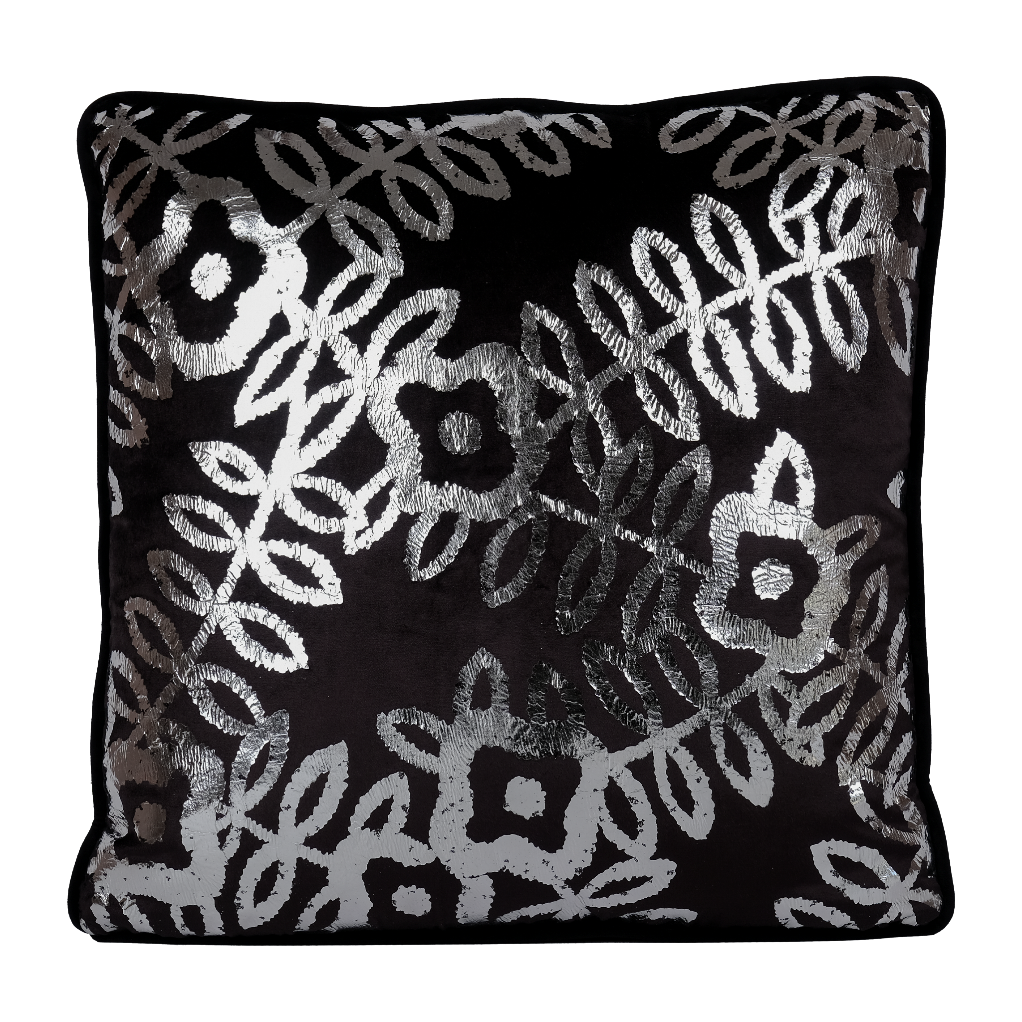 Decorative pillow,  black velvet with silver metallic floral pattern 