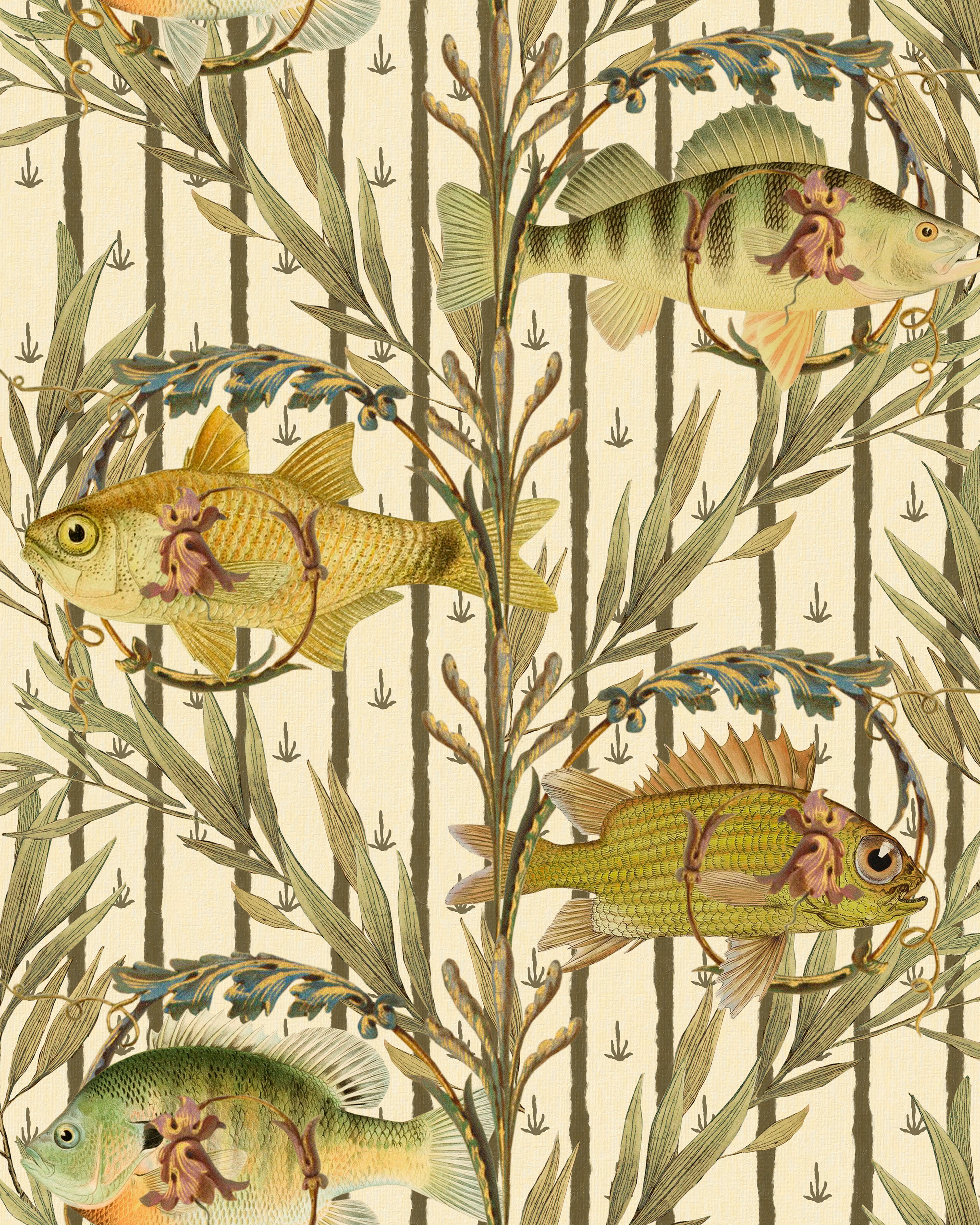 Vintage-style wallpaper featuring detailed freshwater fish adorned with floral elements, swimming among aquatic plants on a beige background