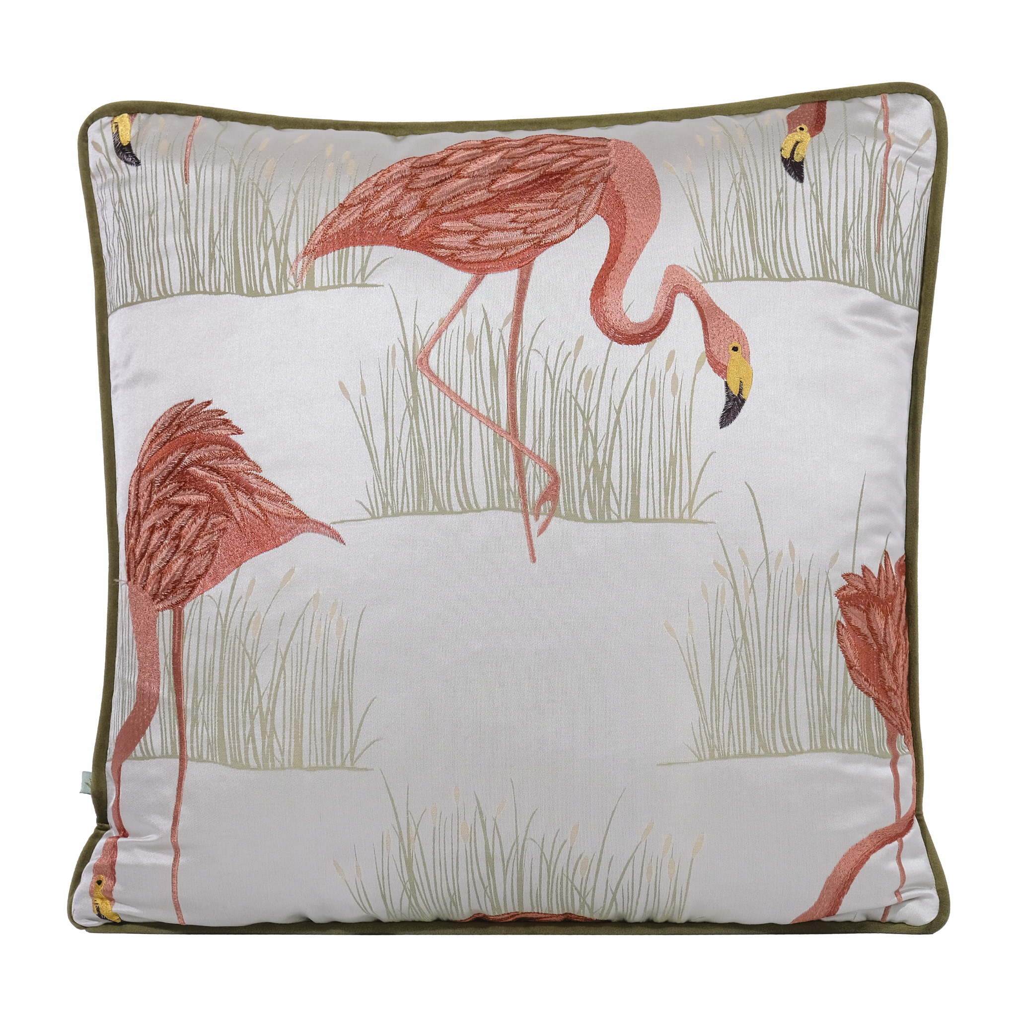 A square decorative throw pillow featuring a pink flamingo and grass pattern on a light background, finished with an olive green piped edge.