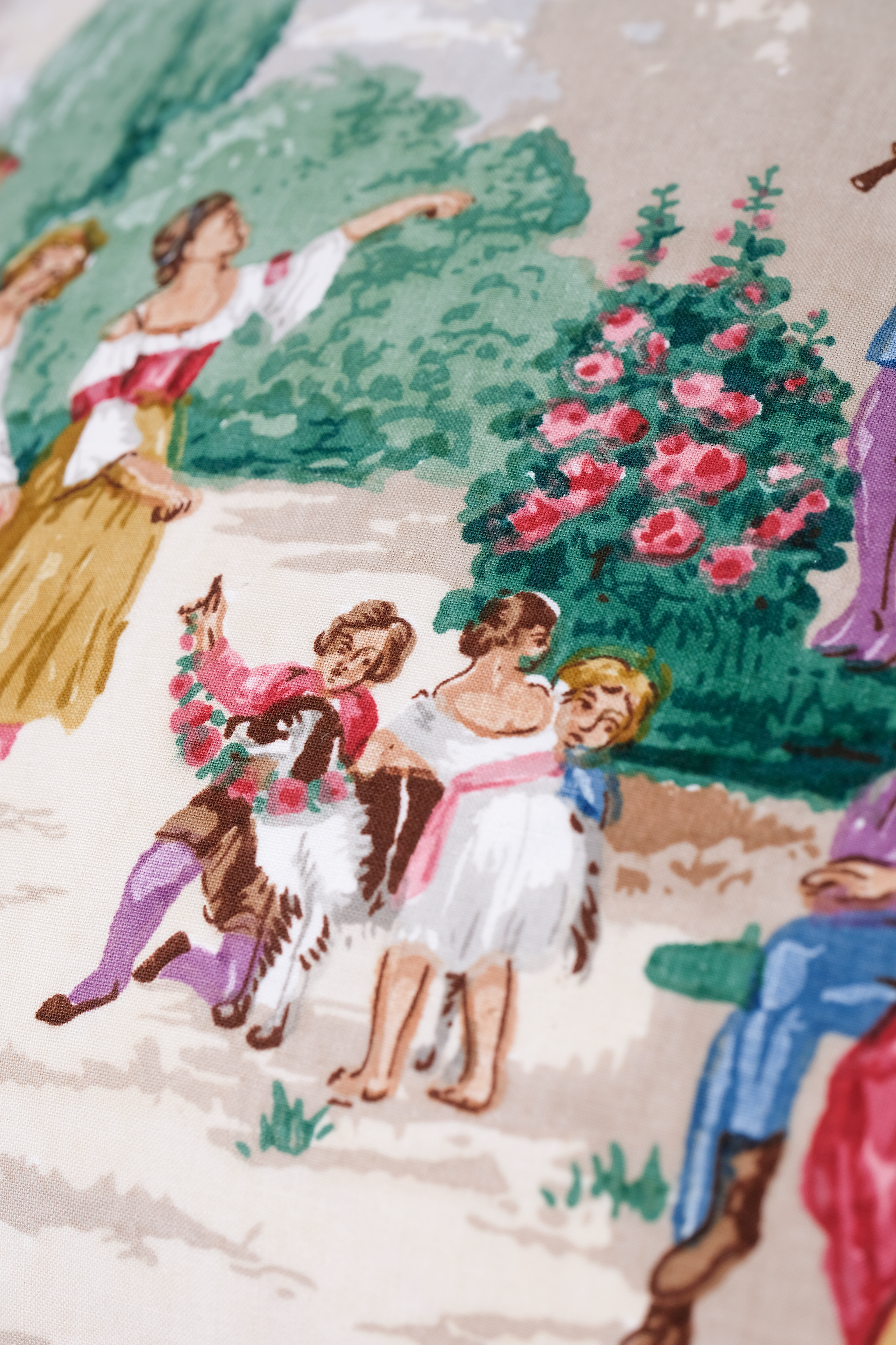 Vintage-style illustration of a woman with children in a garden setting
