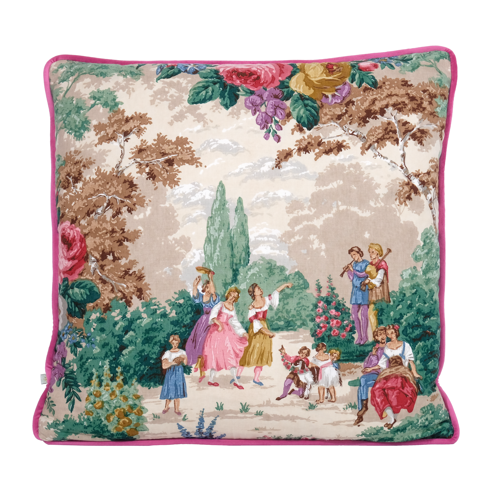 Decorative cushion featuring a historic pictorial garden scene in pretty feminine colours