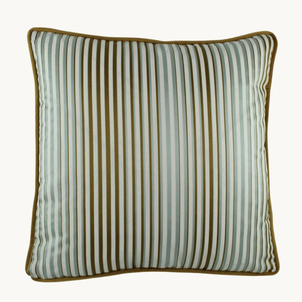 Photo of a striped cushion in duck egg blue, gold and white