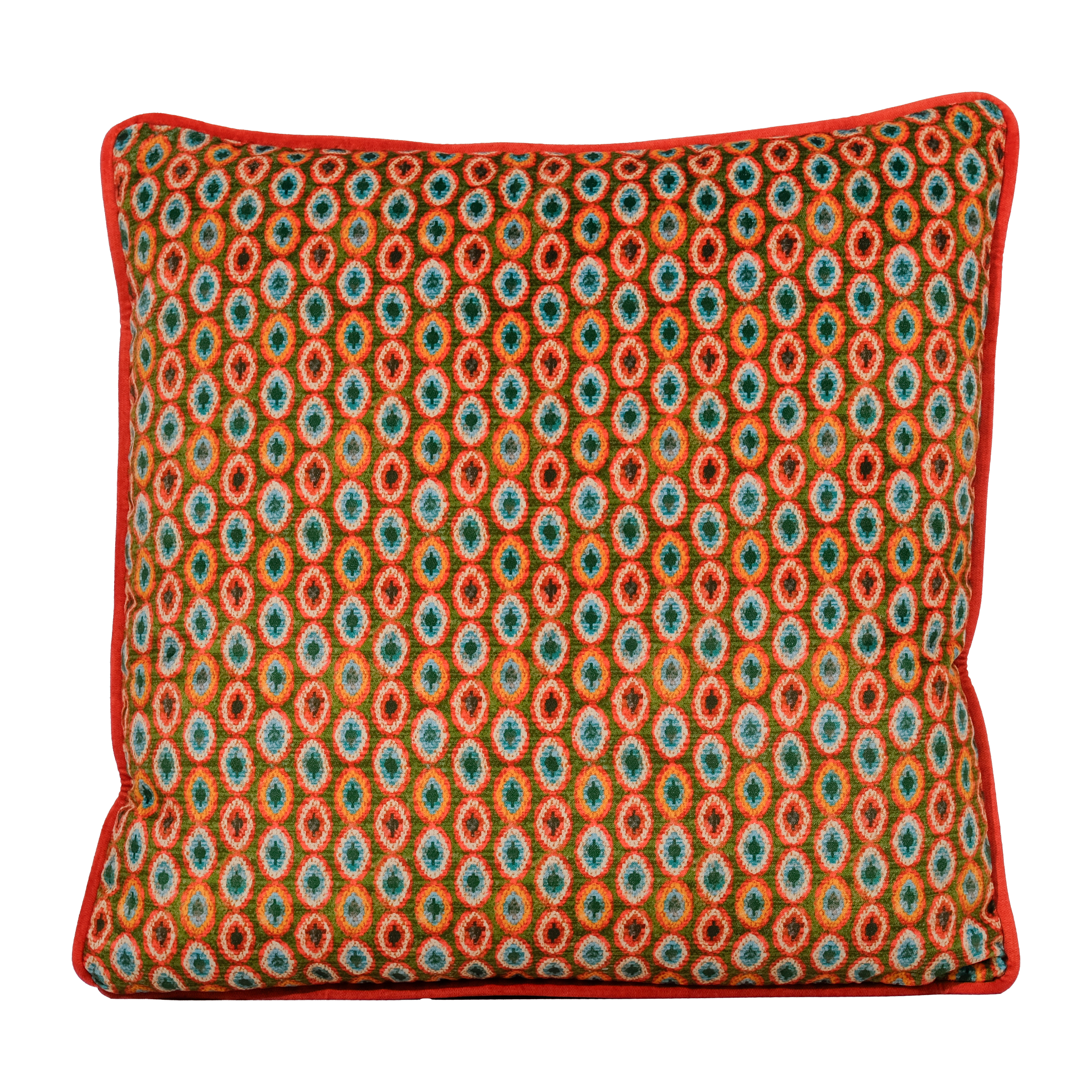 Decorative pillow with a geometric pattern in orange and olive green