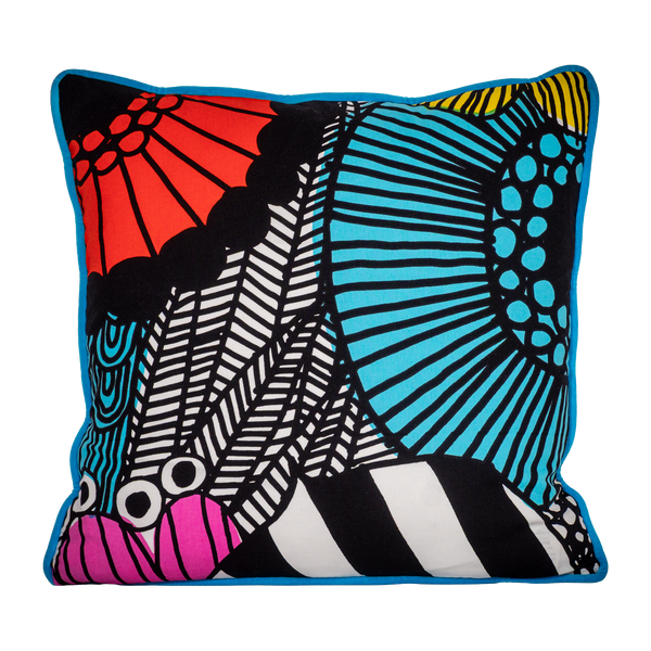 Graphic cushion with black and white and bright colours