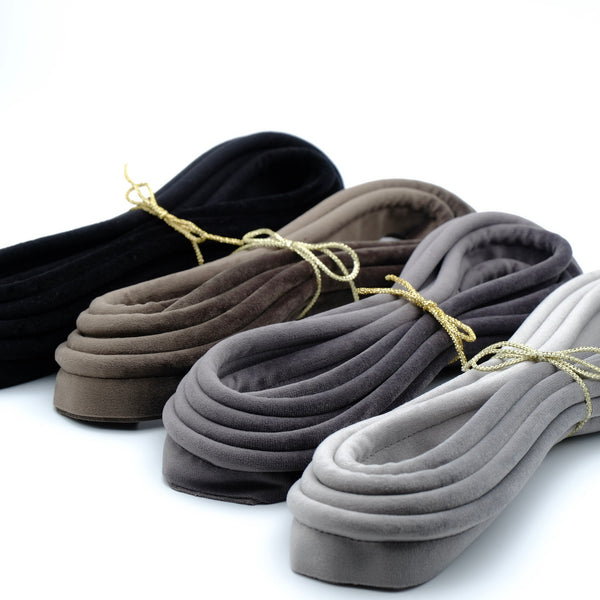 photo of four bundles of velvet piping in neutral colours