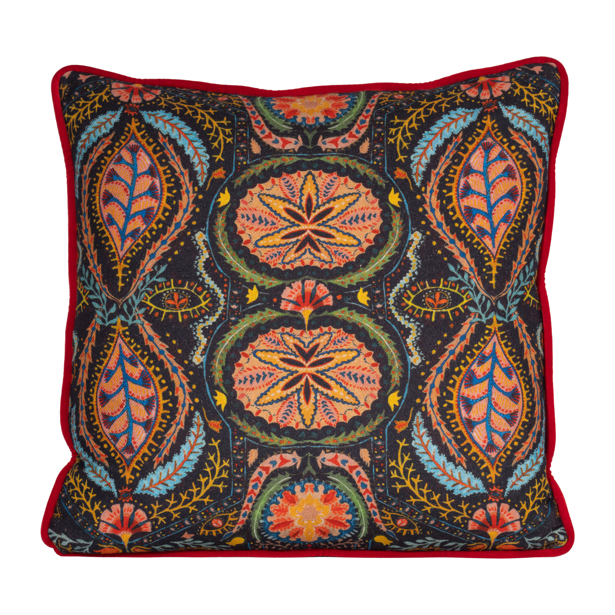 Decorative pillow with intricate paisley pattern on a black background
