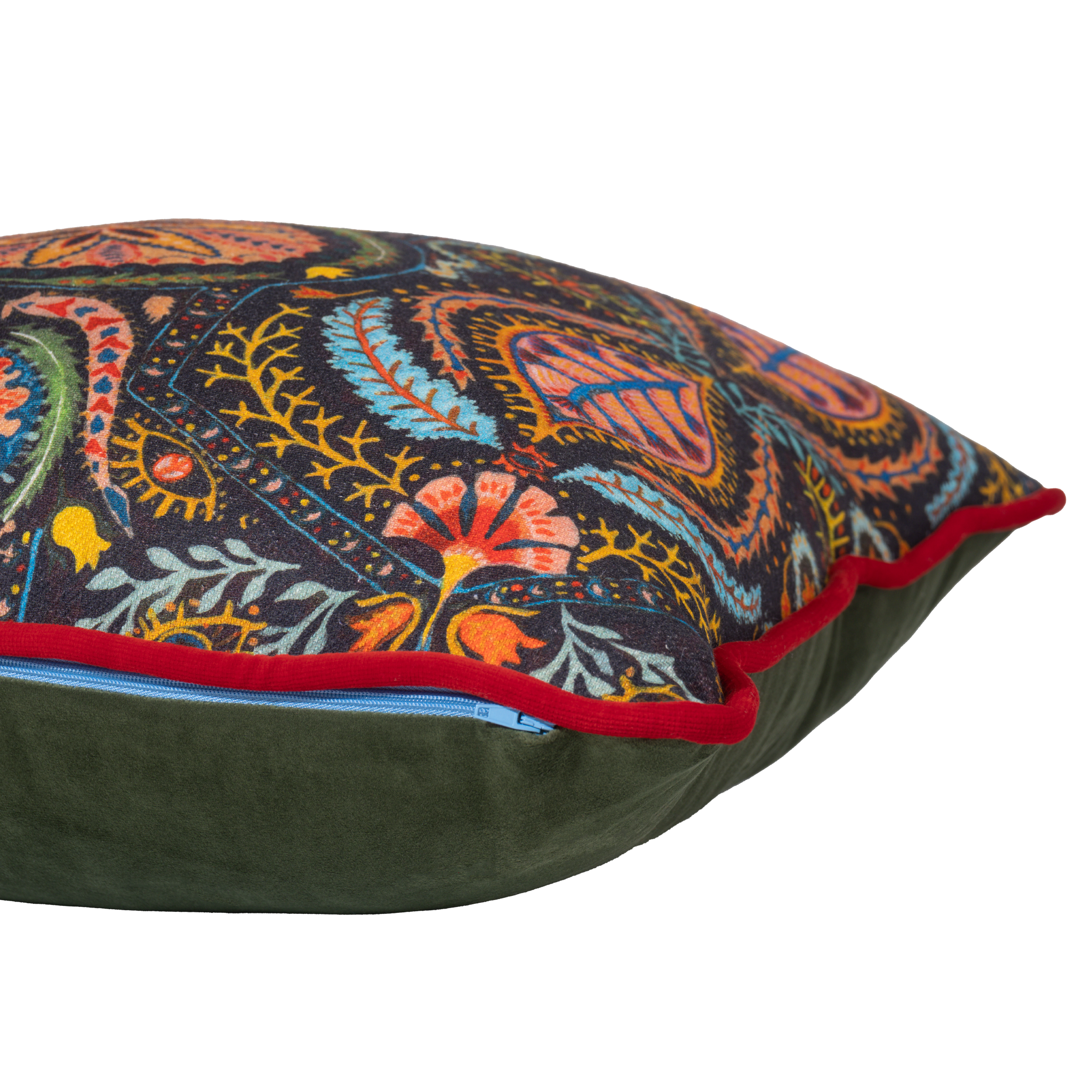 Decorative cushion with colorful paisley pattern on a black background