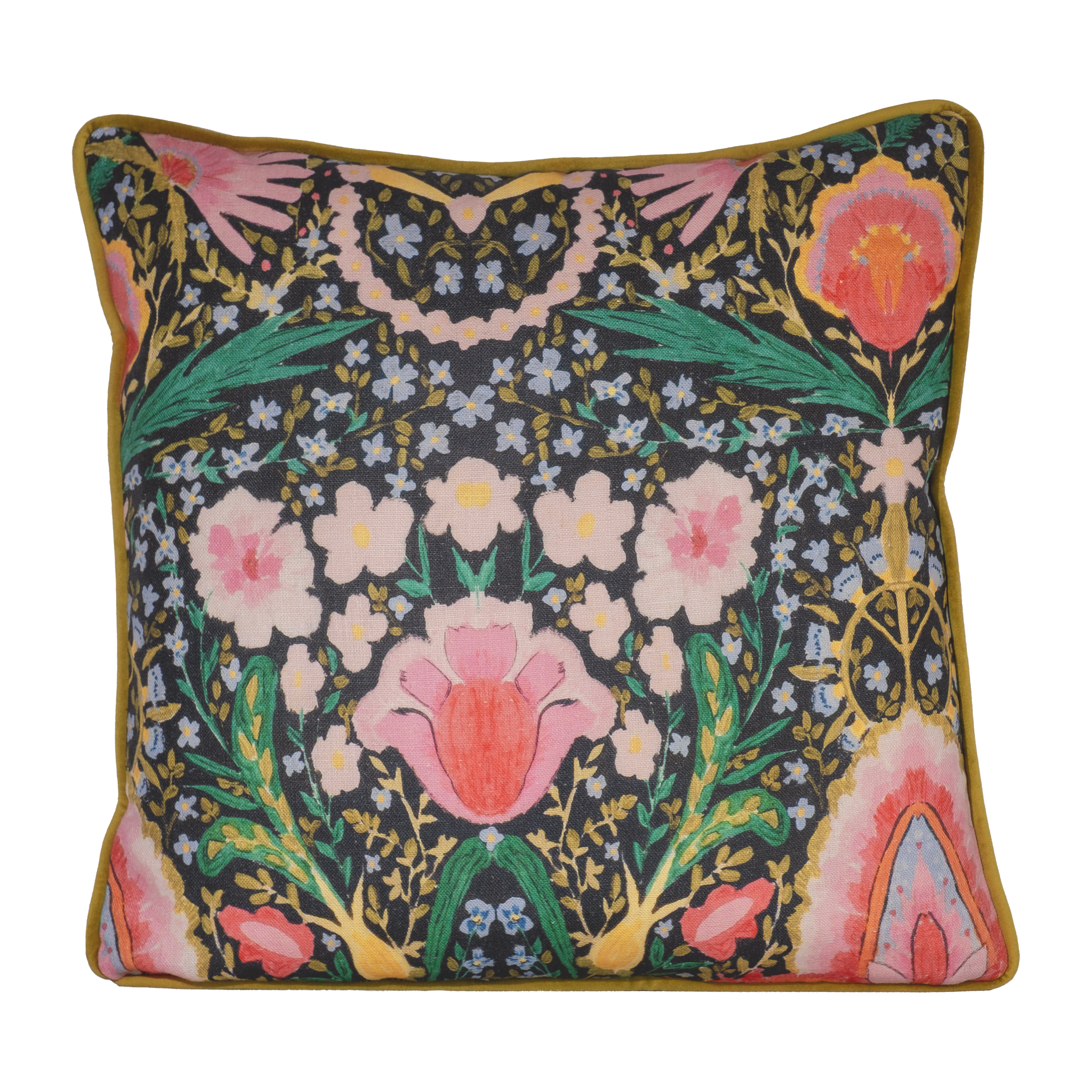Photo of a brightly coloured cushion with flowers and peace signs