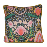 Photo of a brightly coloured cushion with flowers and peace signs