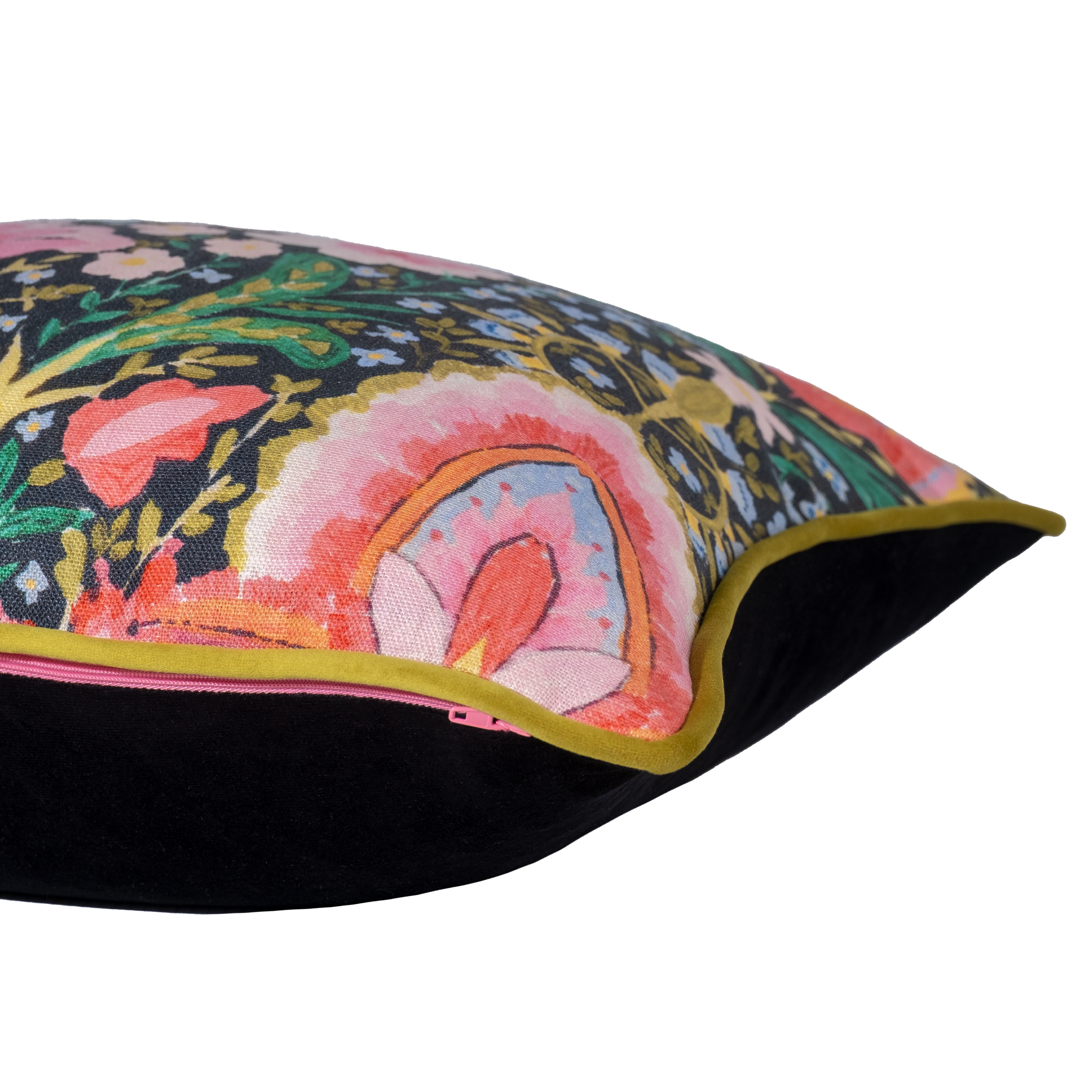 Side shot of a brightly coloured cushion with flowers and peace signs