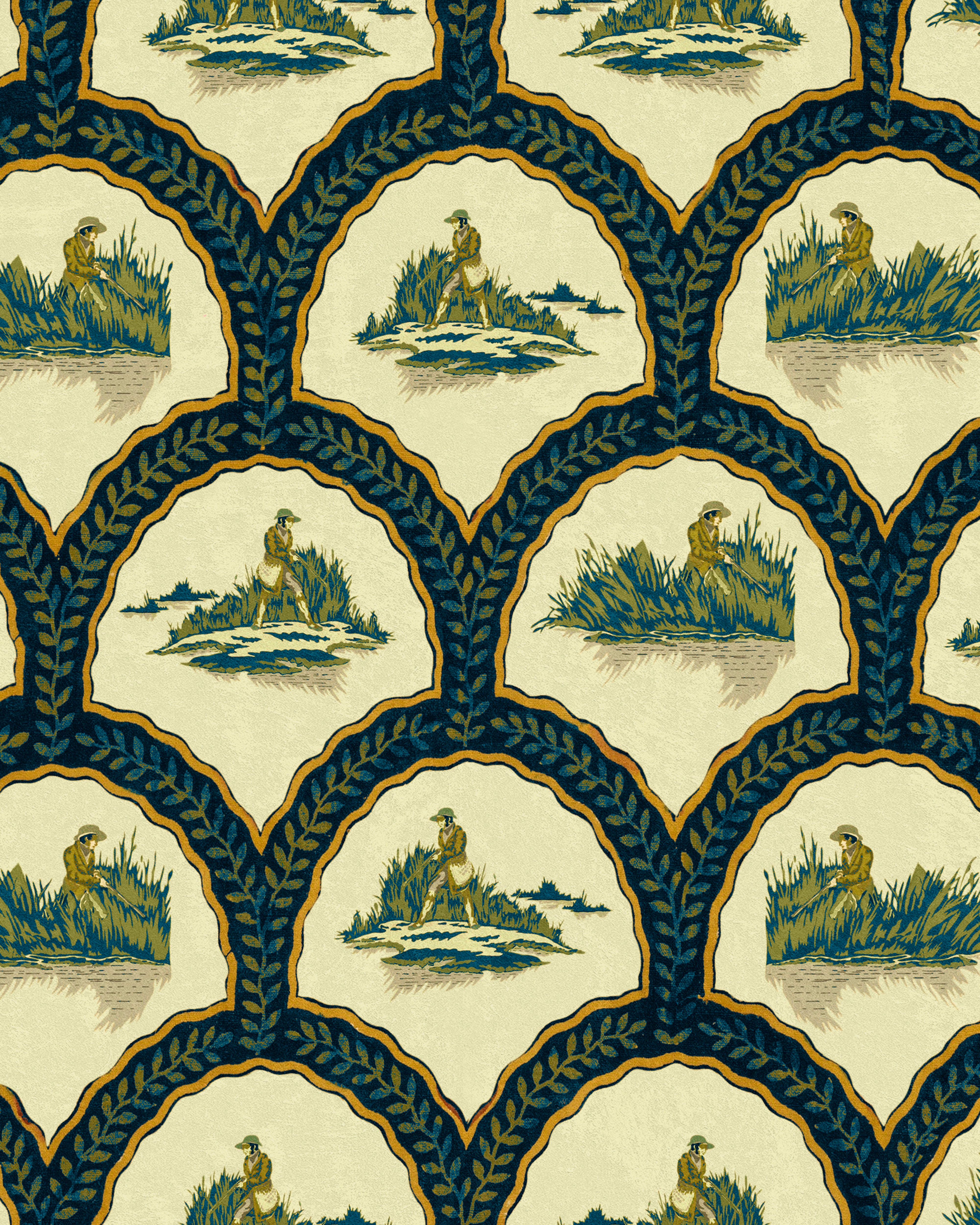 The Hunter pale green wallpaper from mind the gap  features a repeating pattern of arch-shaped motifs outlined in dark navy blue laurel leaves. Each arch encloses an illustrated rural scene of a person harvesting grass or reeds near water, rendered in muted tones of green, beige, and blue. The background is a yellowish cream colour